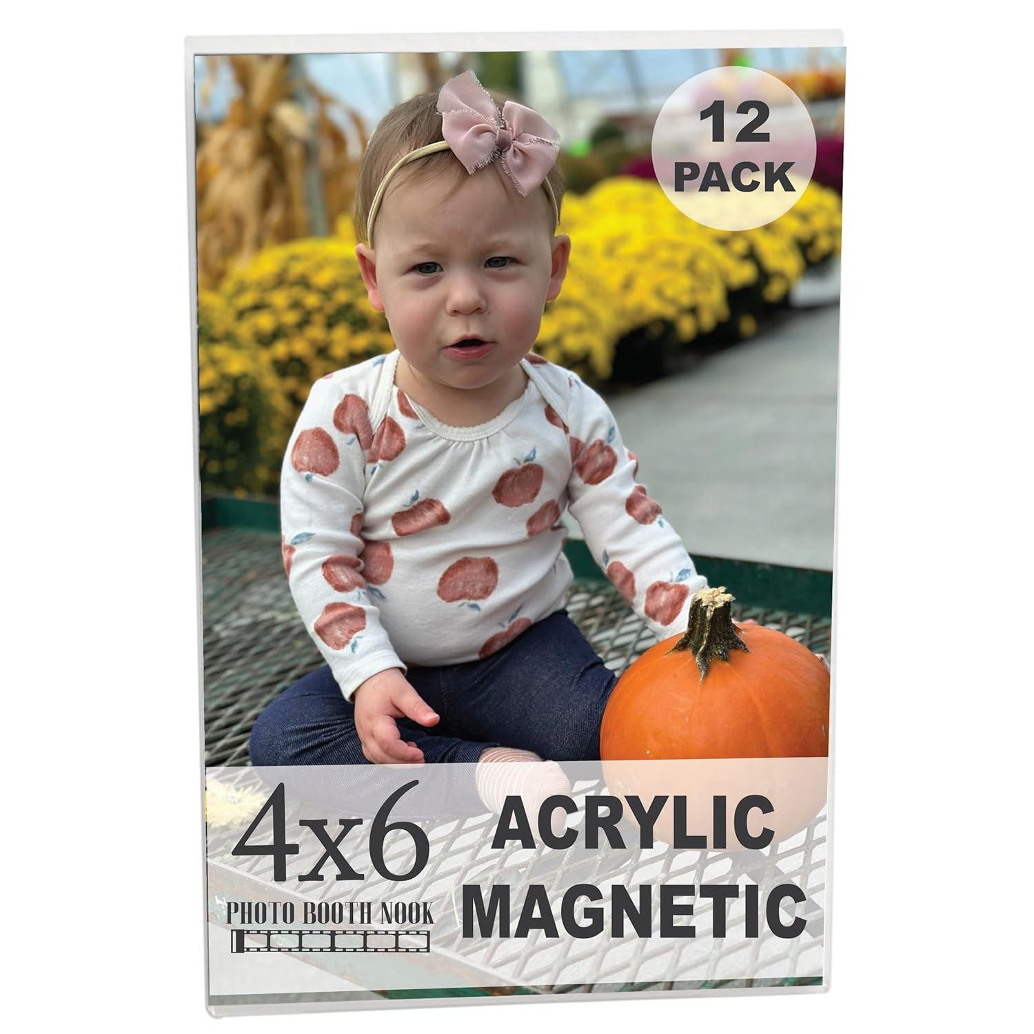 Photo Booth Nook | Magnetic Photo Frames for Refrigerator 4x6 (12 Count) | Clear Acrylic Picture frames 4x6 | Vertical Orientation