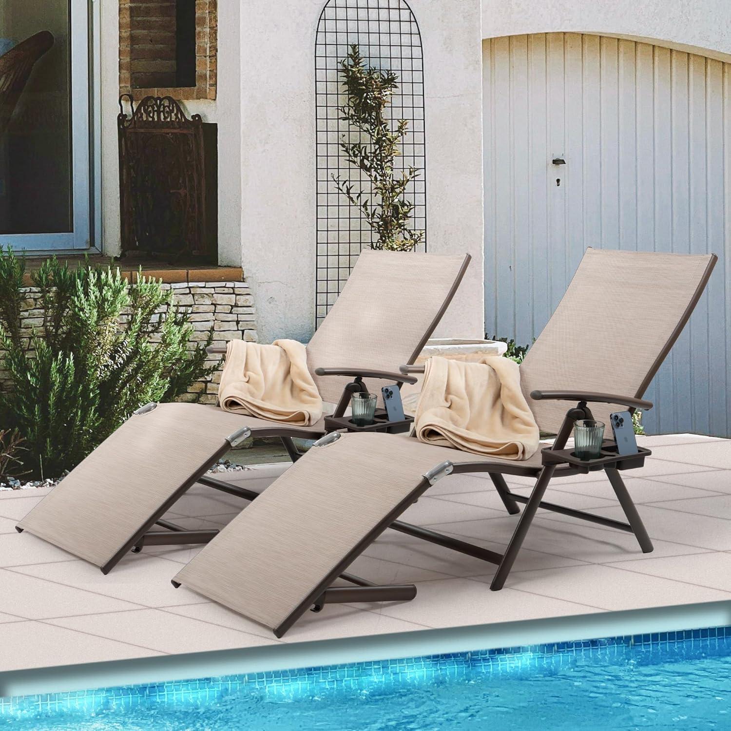 Kozyard Cozy Aluminum Reclining Lounge Chair - Perfect for Beach, Yard, Pool, Deck, and Patio - Outdoor Chaise Lounge with Drink Holder, Weather Free, Adjustable - Assemble-Free(1 Pack, Beige)