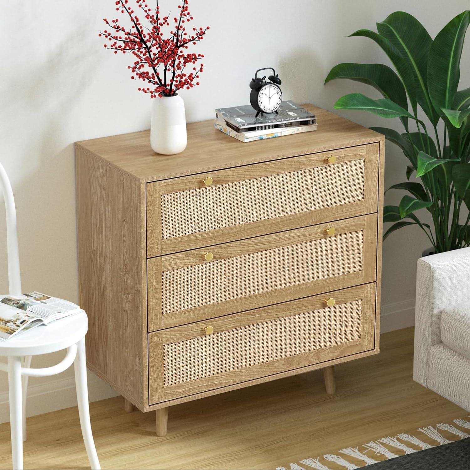 Natural Wood and Rattan 3-Drawer Dresser Set with Golden Handles