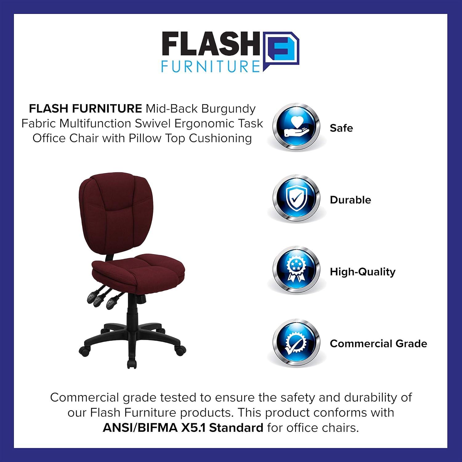 BizChair Mid-Back Burgundy Fabric Multifunction Swivel Ergonomic Task Office Chair with Pillow Top Cushioning