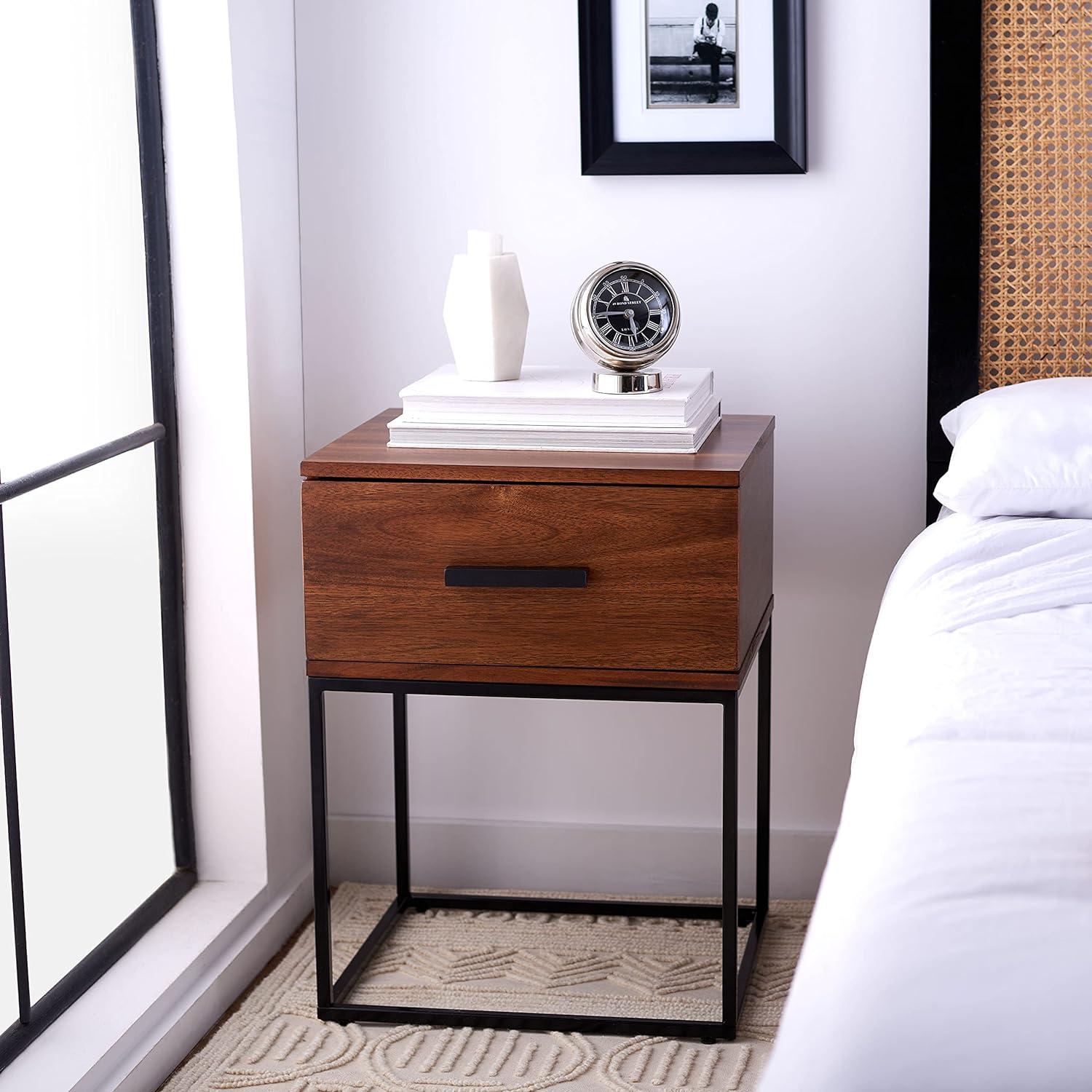 Marquise Brown Mahogany and Black Metal 1-Drawer Nightstand