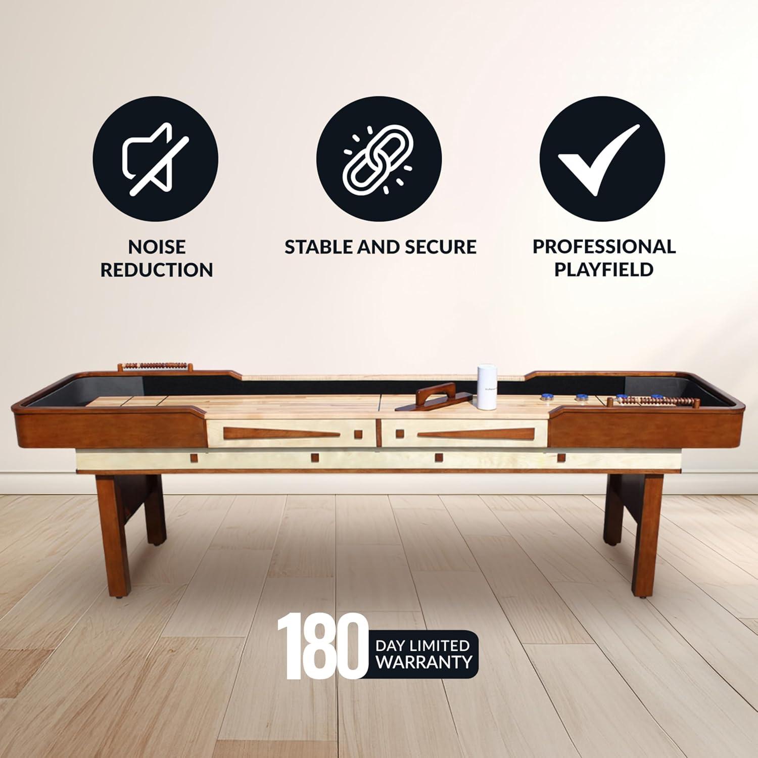 Hathaway Merlot Shuffleboard Table for Family Arcade Game Room - With Lacquer Coated Playfield, Built-In Scorer & Cabinet, Climate Adjusters, Leg Levelers, 8 Pucks, Brush & Wax - Walnut Finish