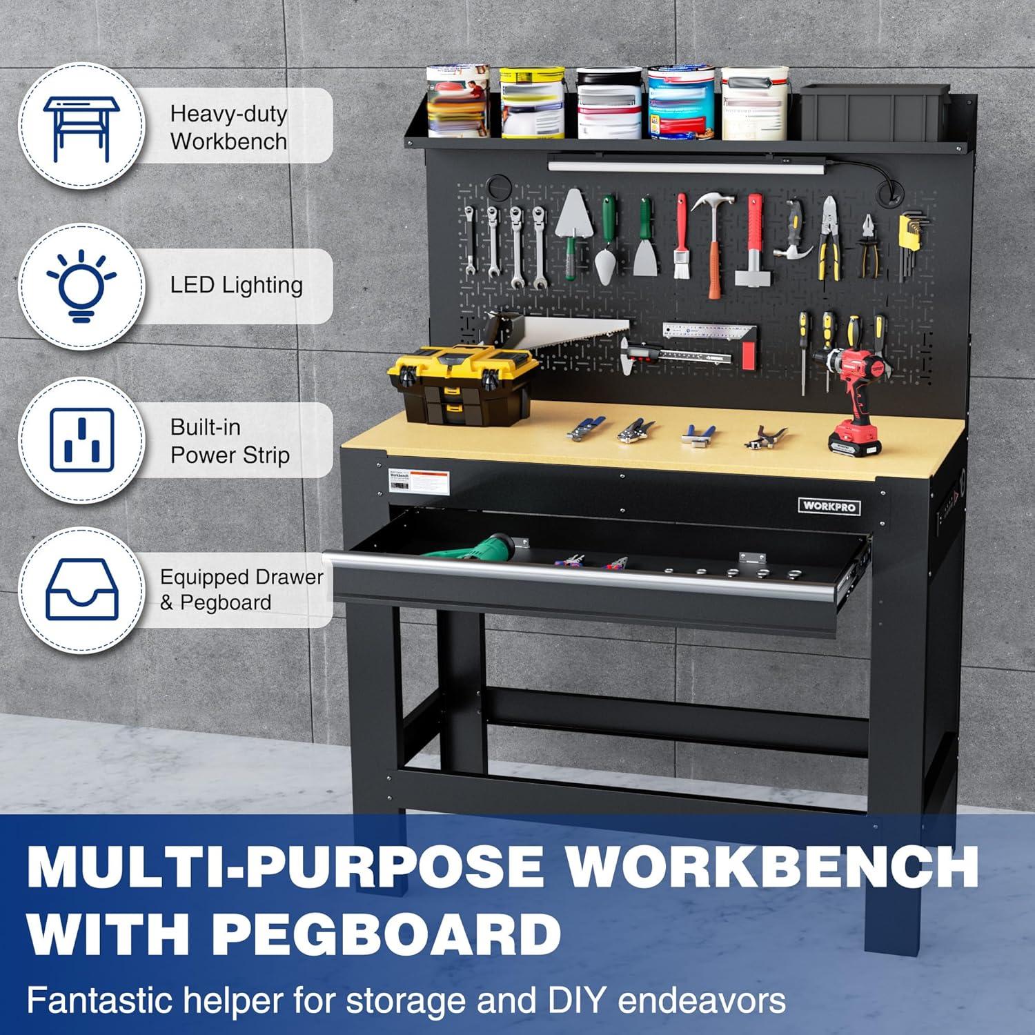 WORKPRO 45'' Black Steel Workbench with Pegboard and Storage