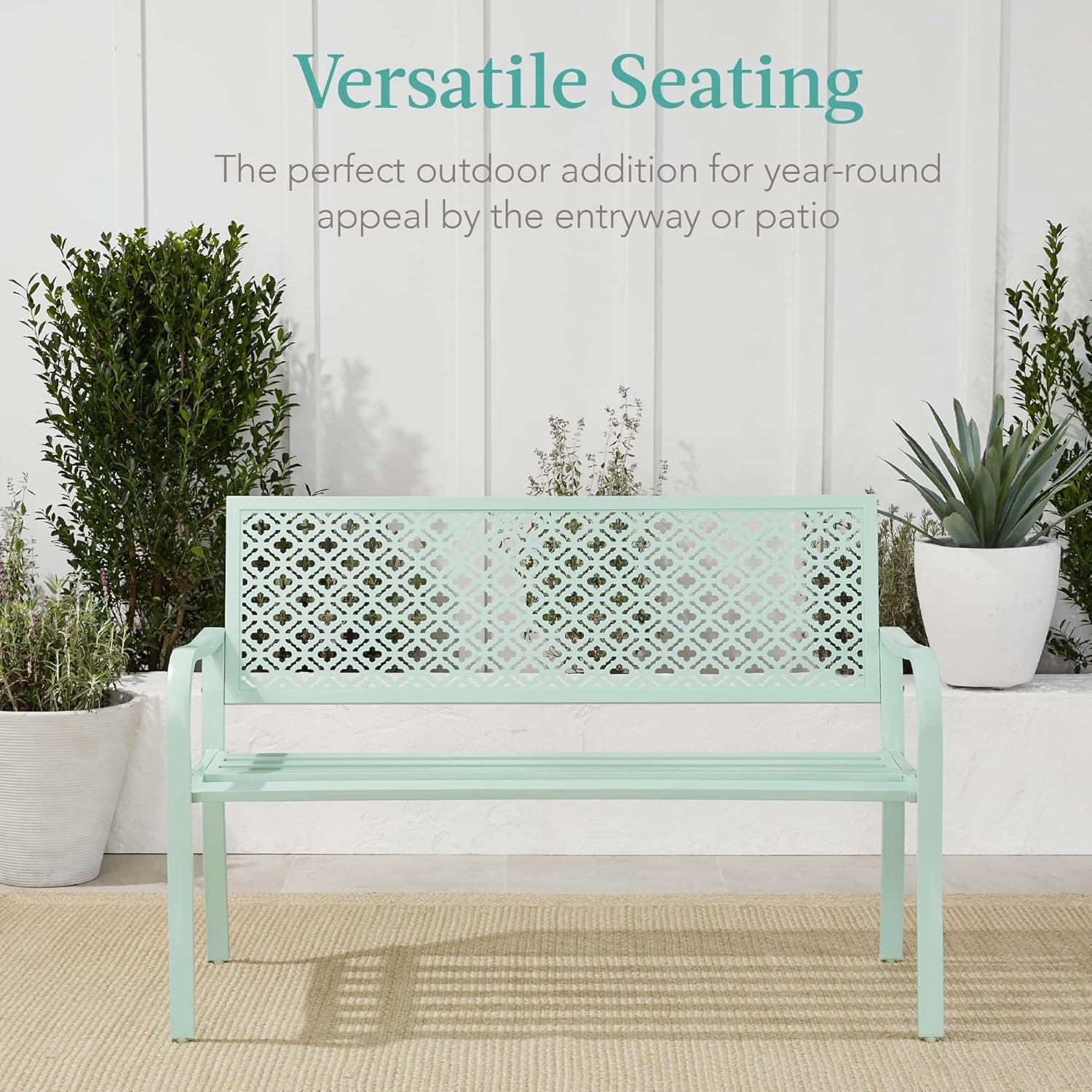 Red Barrel Studio® 2-Person Outdoor Metal Bench with Geometric Backrest, 790lb Capacity, for Garden, Patio, and Entryway