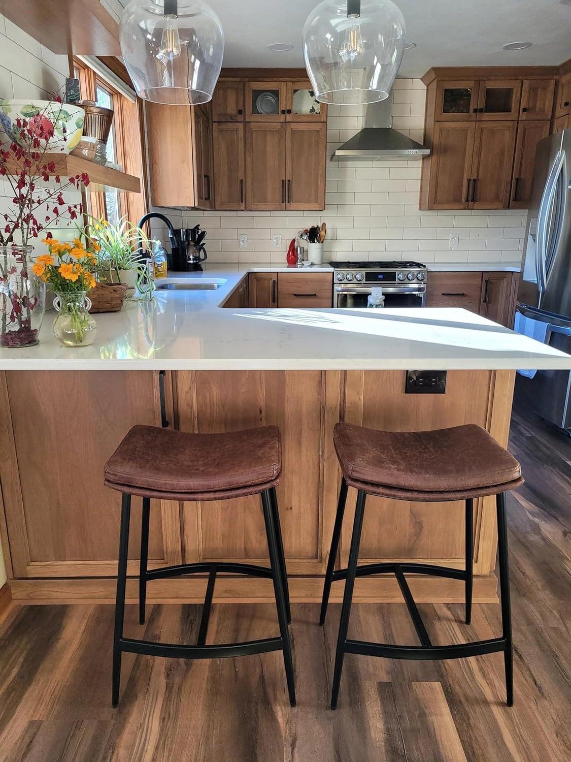 Vintage Brown-Matte Black Backless Saddle Leather Barstool