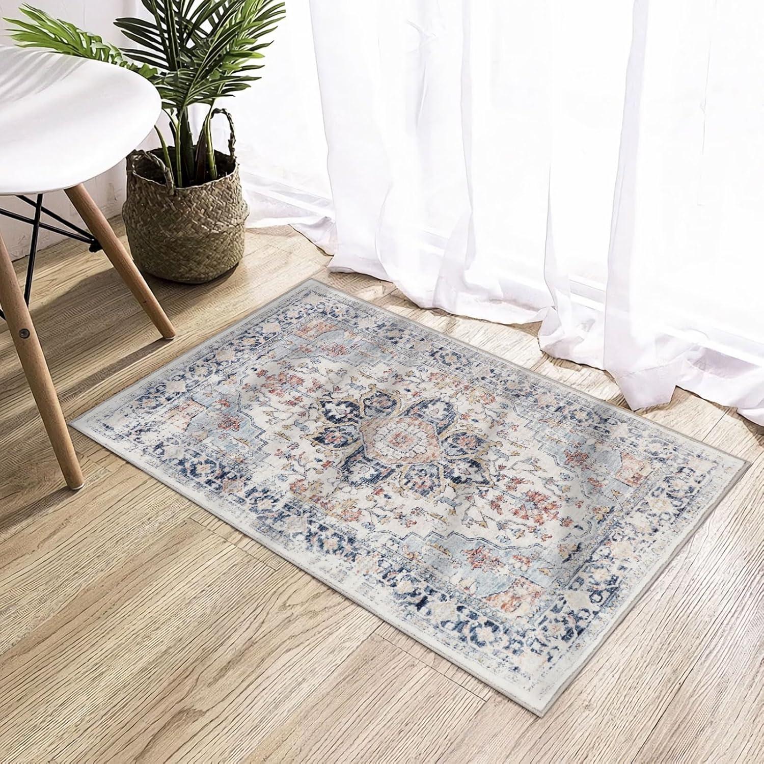 Hasoo 9' x 12' Modern Large Area Rug Stain Non-Shedding Low-Pile Distressed Area Rug Carpet for Living Room Bedroom, Light Blue