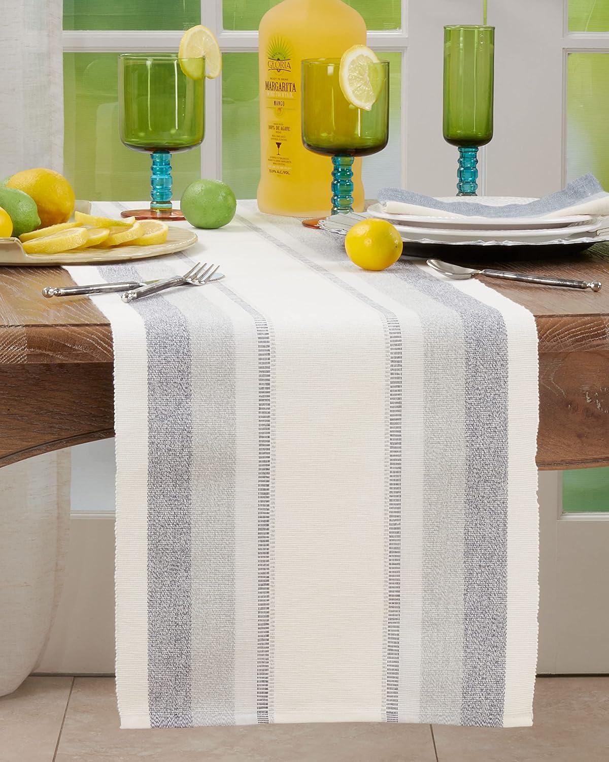 Saro Lifestyle Long Table Runner With Ribbed Stripe Design, Blue, 14" x 72"