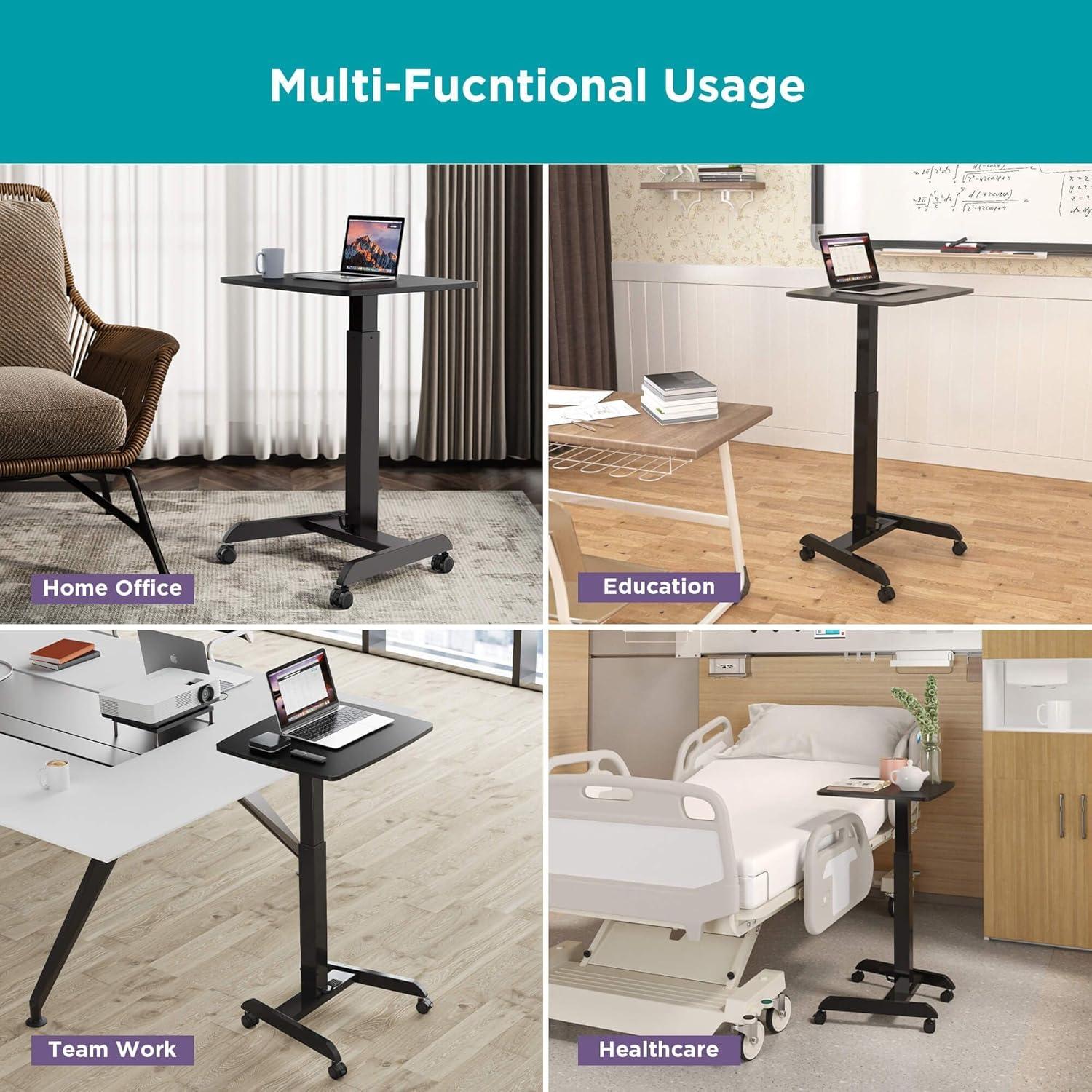 Adjustable Mobile Sit-Stand Desk in Black with Pneumatic Lift