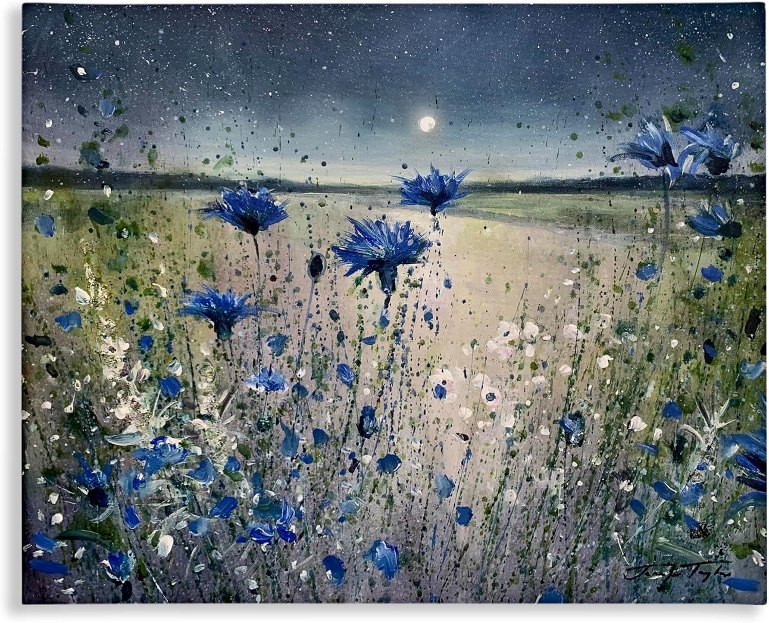 Blue Night Blooming Flowers Landscape Canvas Art