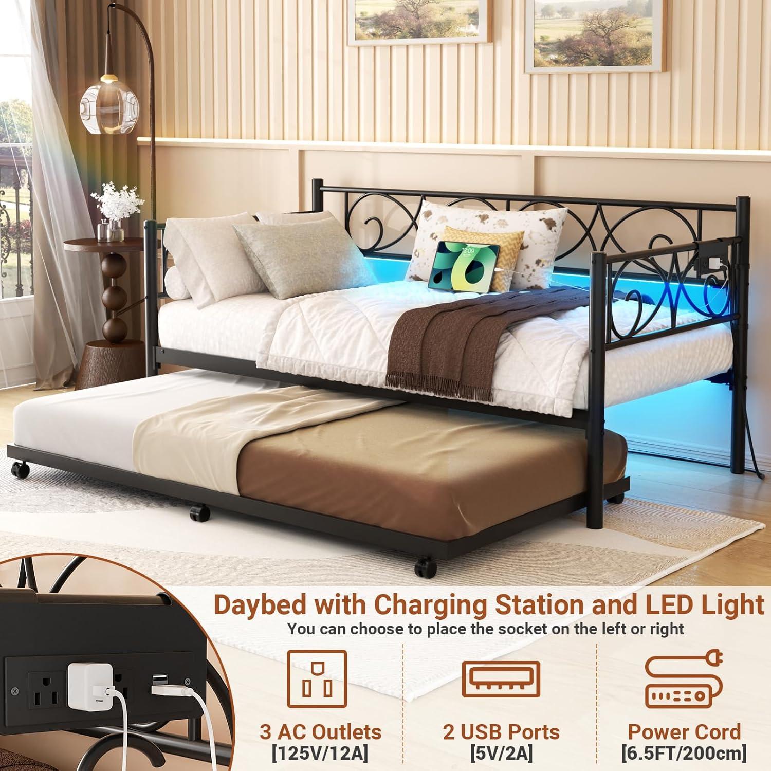 iSunirm Twin Size Daybed with Trundle Bed, Charging Station and LED Lights, Aron Art Headboard Day Bed, All Thick Metal Frame Heavy Duty, Built for Guest Room/Living Room/Bed Room