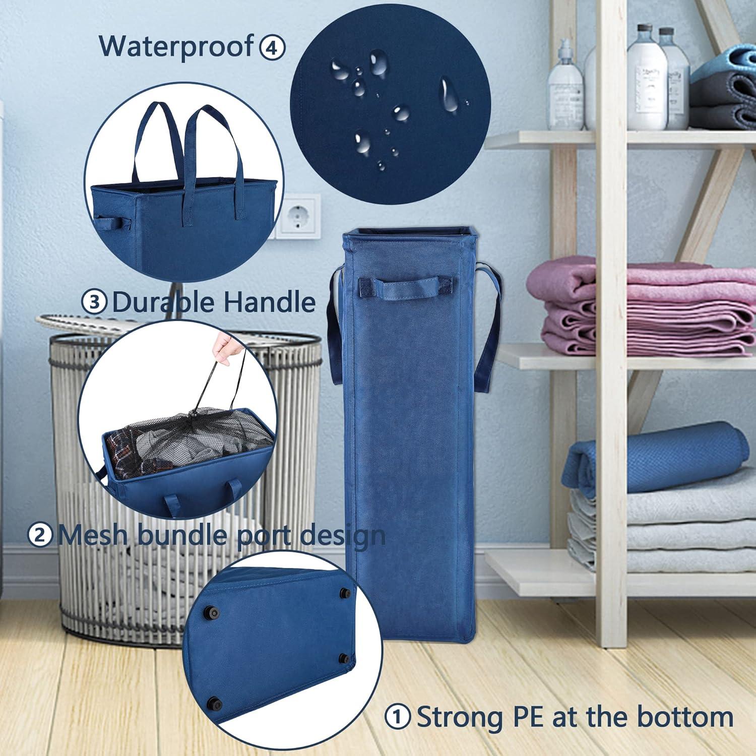 Odonata Slim Laundry Hamper Handles Collapsible Laundry Basket Thin Dirty Clothes Basket Narrow Laundry Bag Foldable Dirty Hamper 45L (Navy blue)