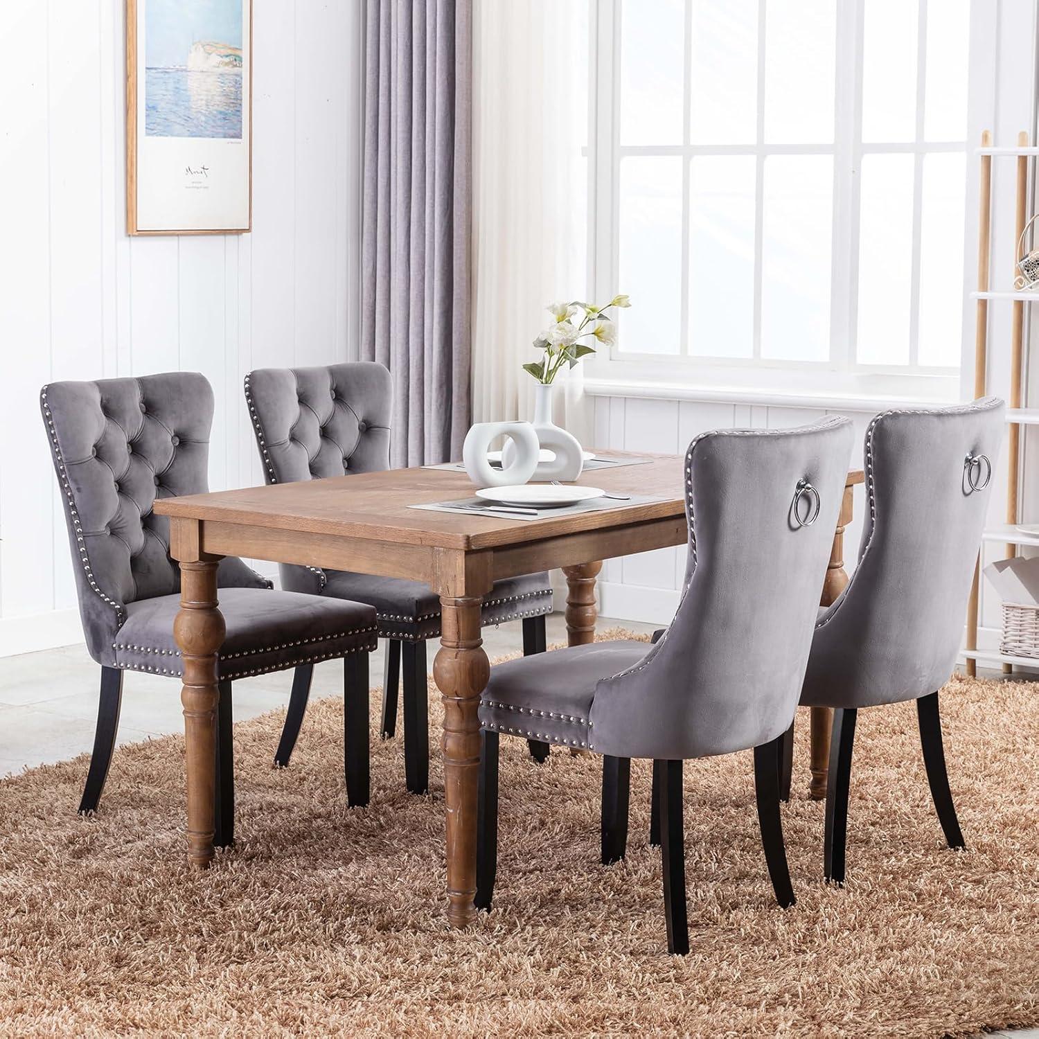 ODUSE-DAILY Grey Velvet Dining Chairs Set of 4, Kitchen & Dining Room Chairs, Tufted Dining Chairs, Fabric Upholstered, Solid Wood, Sillas De Comedor (Gray, 4 Pcs)