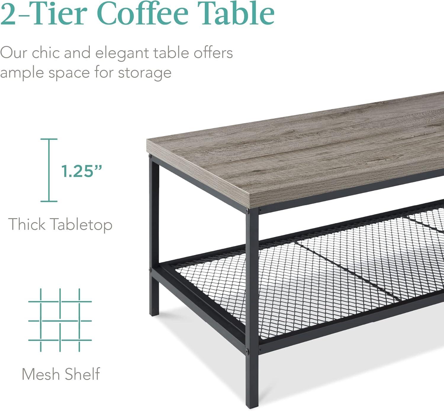 Best Choice Products 44in 2-Tier Modern Industrial Rectangular Wood Coffee Table w/ Mesh Shelf, Metal Frame