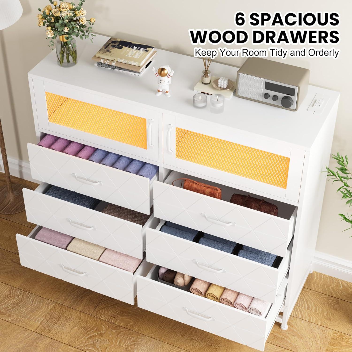 White Modern Wooden 6-Drawer Dresser with LED Lights and Charging Station