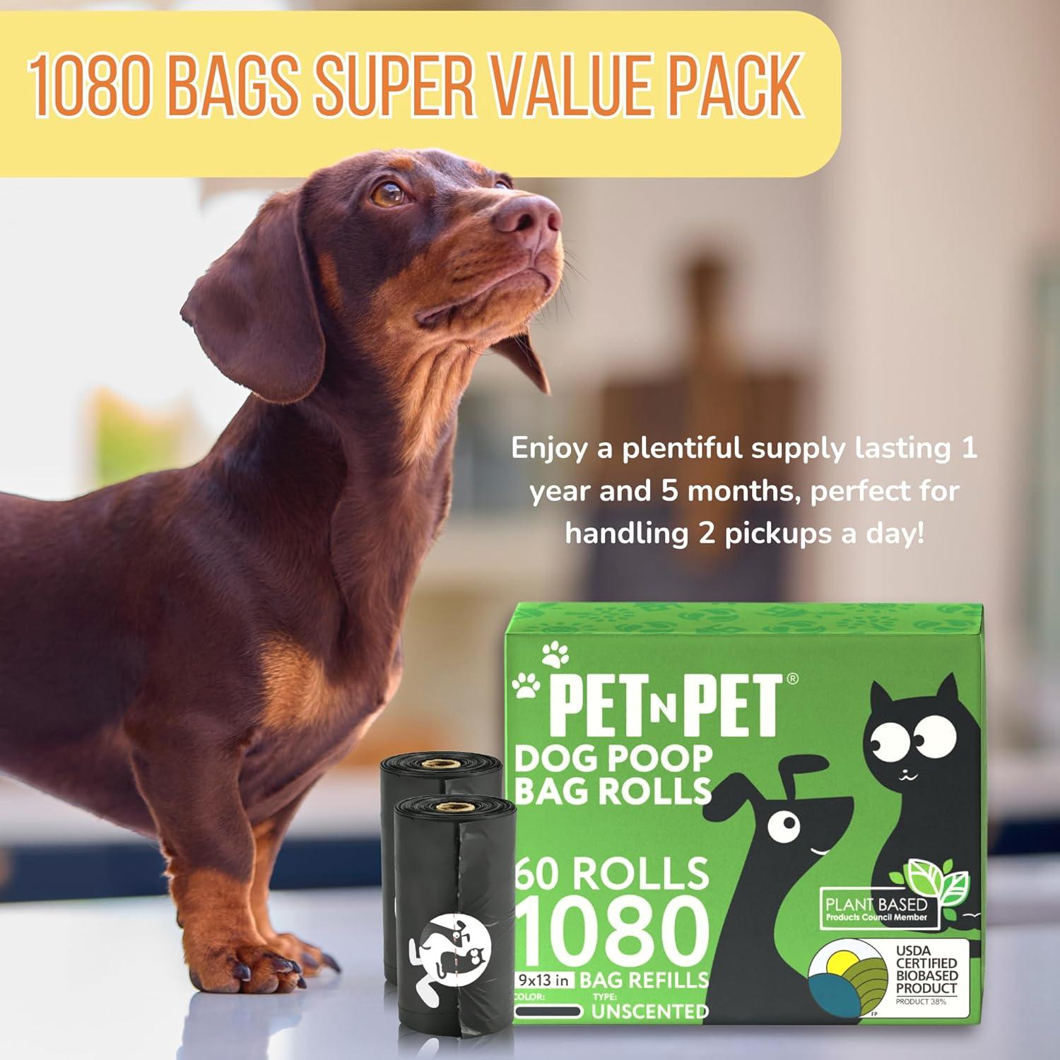 Pet N Pet 1080 Counts Black Poop Bags for Dogs, 38% Plant Based & 62% PE Extra Thick Dog Poop Bags Rolls, 9" x 13", Unscented Pet Waste Bag