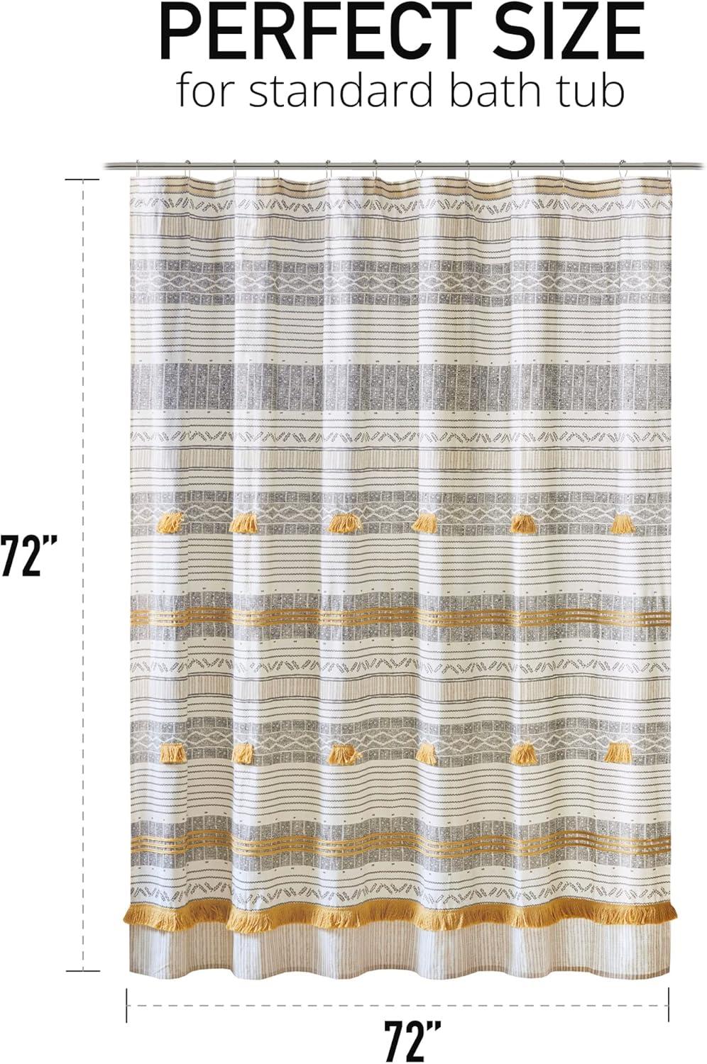 INK+IVY Cody Cotton Stripe Printed Shower Curtain with Tassel in Gray/Yellow