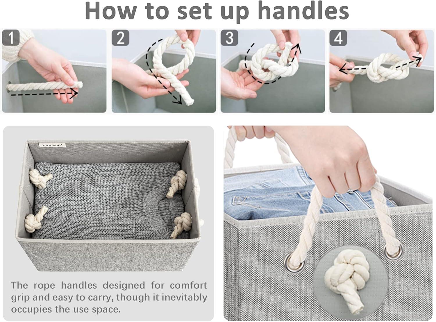 Gray Fabric Foldable Storage Bins with Lids and Rope Handles