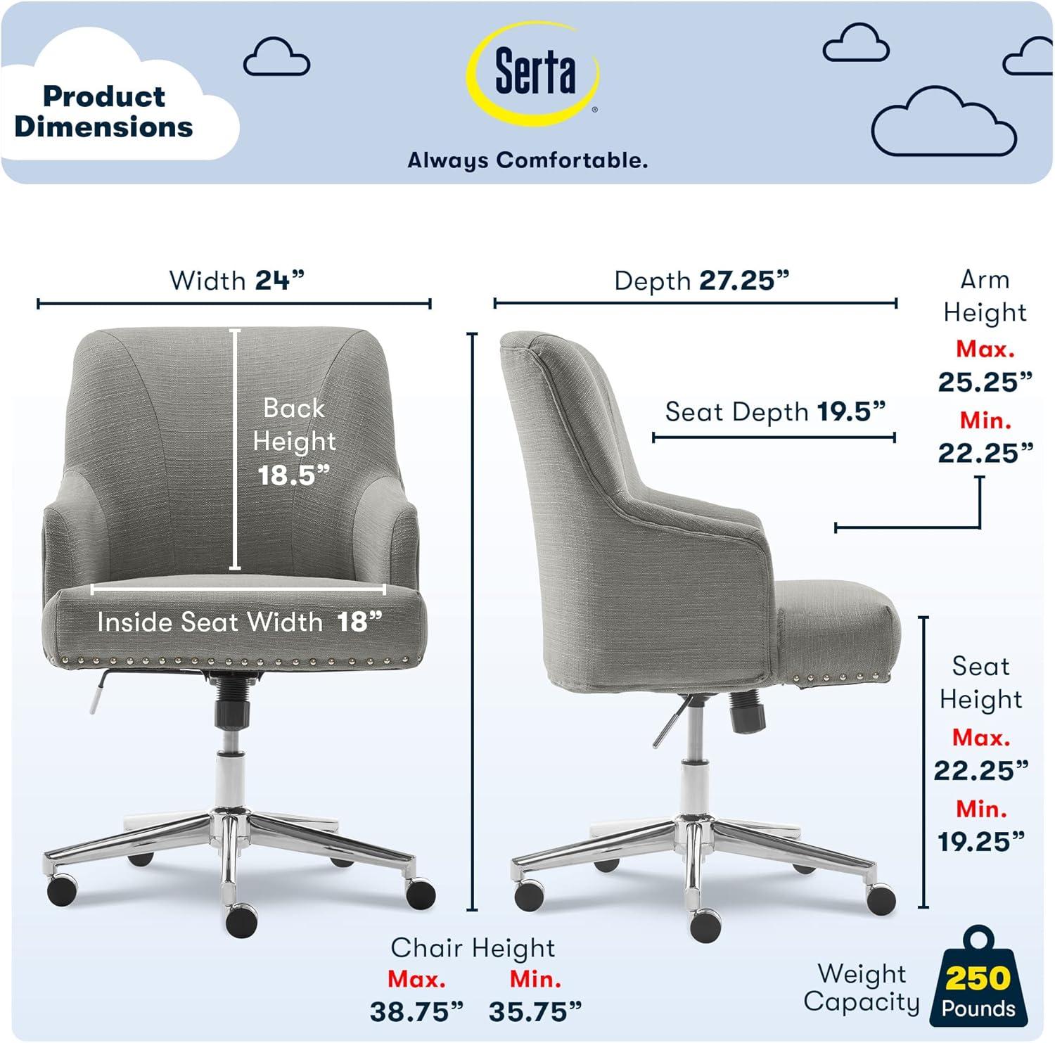 Style Leighton Home Office Chair Medium Gray - Serta: Swivel, Adjustable, Wheeled