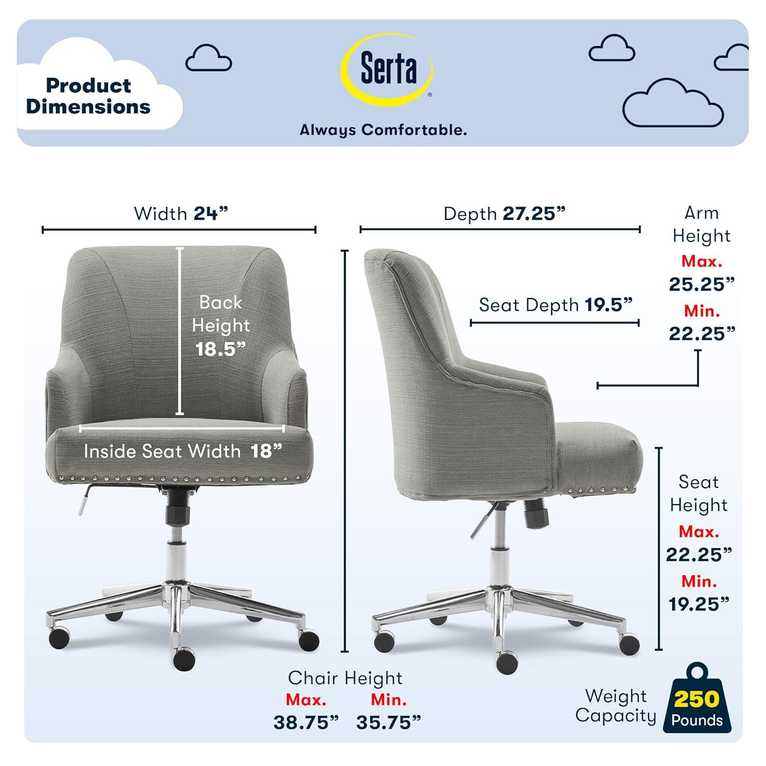 Style Leighton Home Office Chair Medium Gray - Serta: Swivel, Adjustable, Wheeled