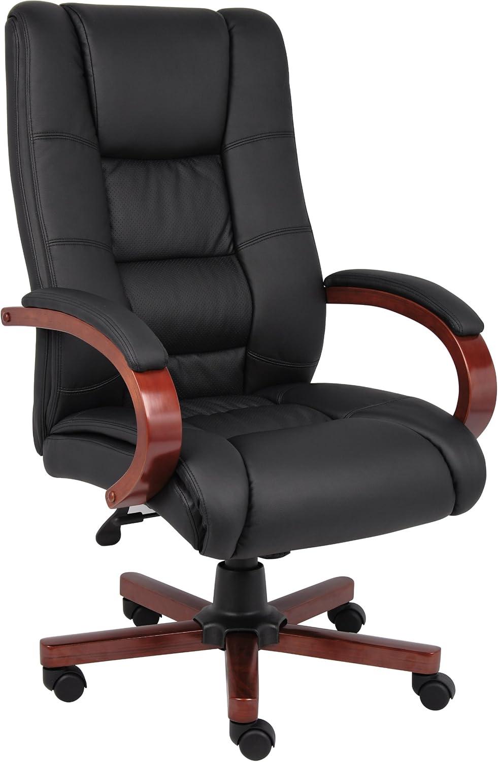 High Back Executive Wood Finished Chairs Black/Brown - Boss Office Products: Caressoft, Pneumatic Lift, Swivel