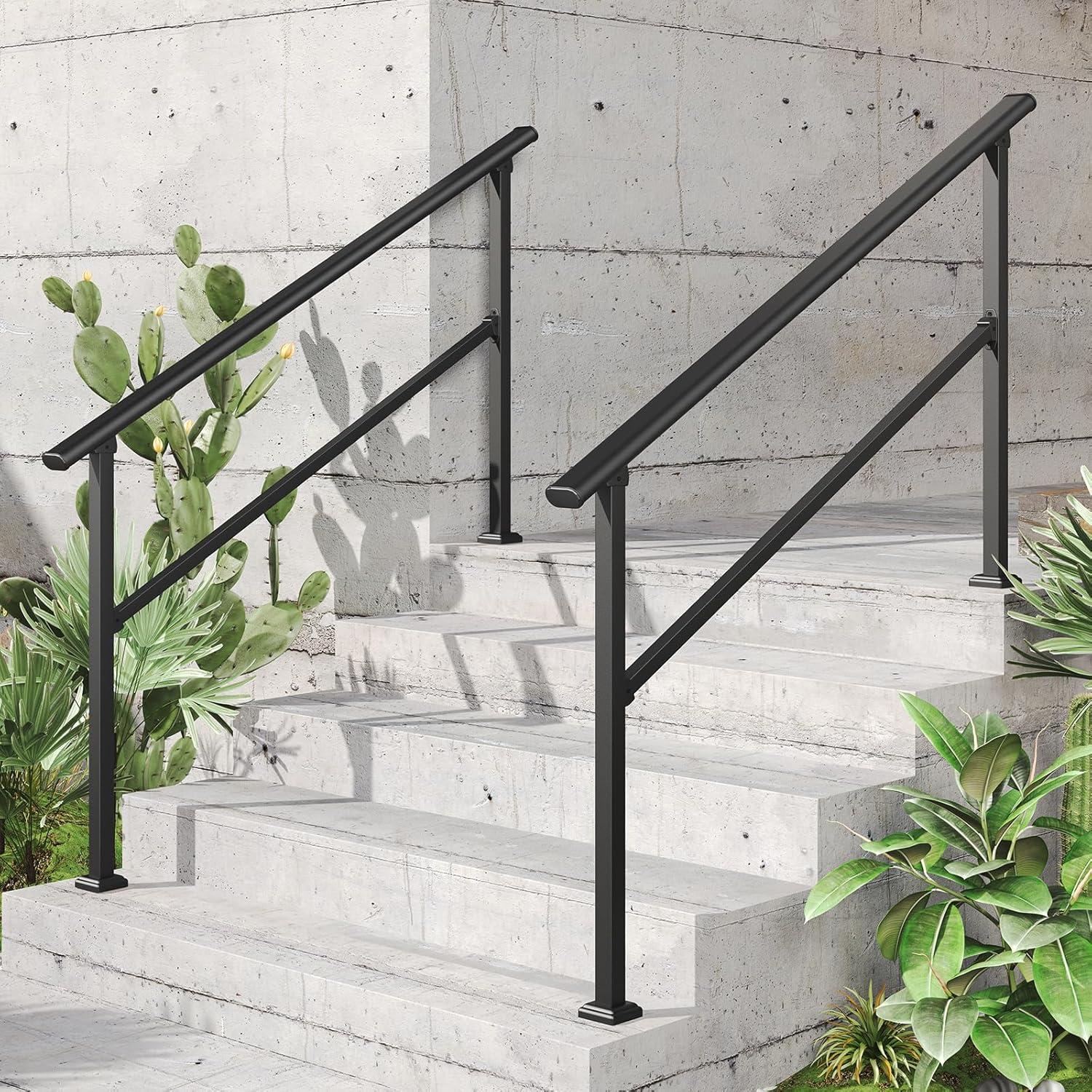 ROOMTEC 2 Pack 5 Step Handrails - Outdoor Safety Hand Rails, Black Wrought Iron Stair Railing Kit (4-5 Steps)