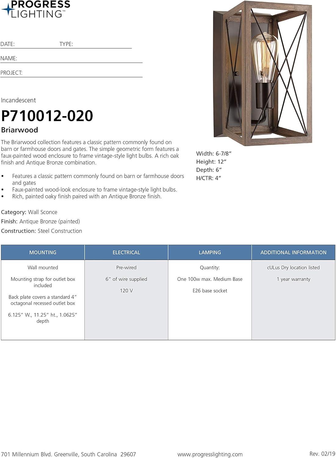 Progress Lighting Briarwood Antique Bronze Wall Sconce With Faux Wood Enclosure
