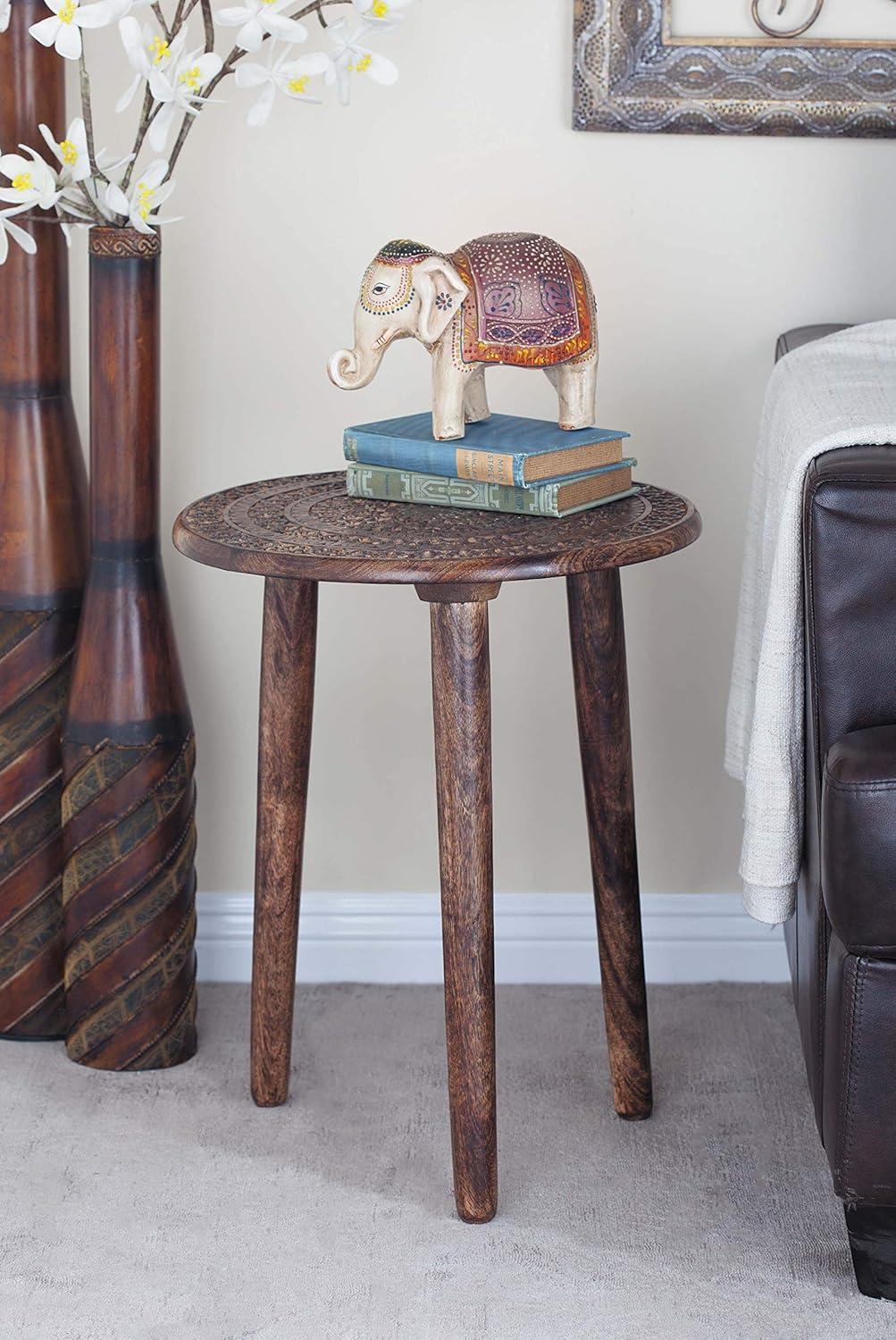 Handcrafted Dark Brown Mango Wood Floral Carved Round Accent Table