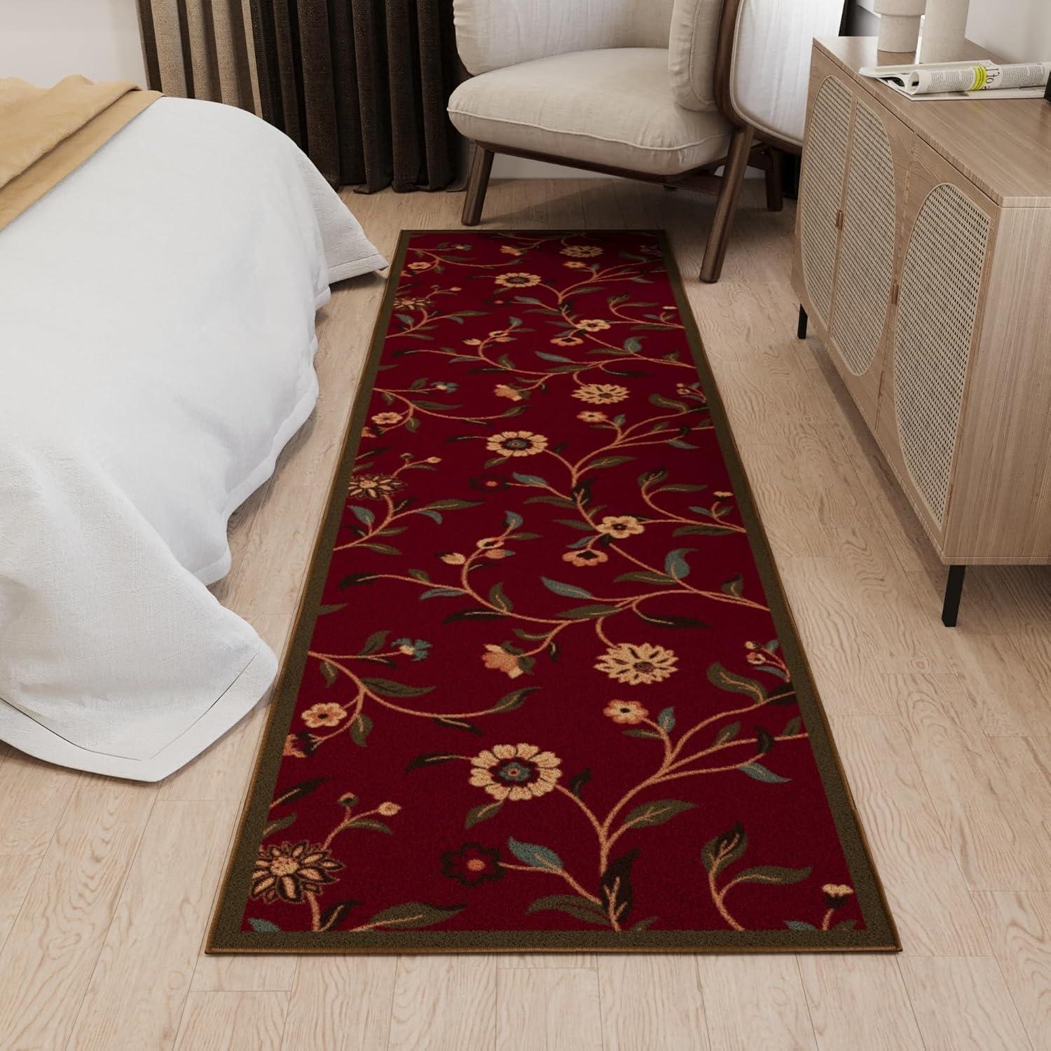 Ottohome Non-Slip Floral Leaves Area Rug For Living Room, Hallway, Entryway Rug, Dark Red