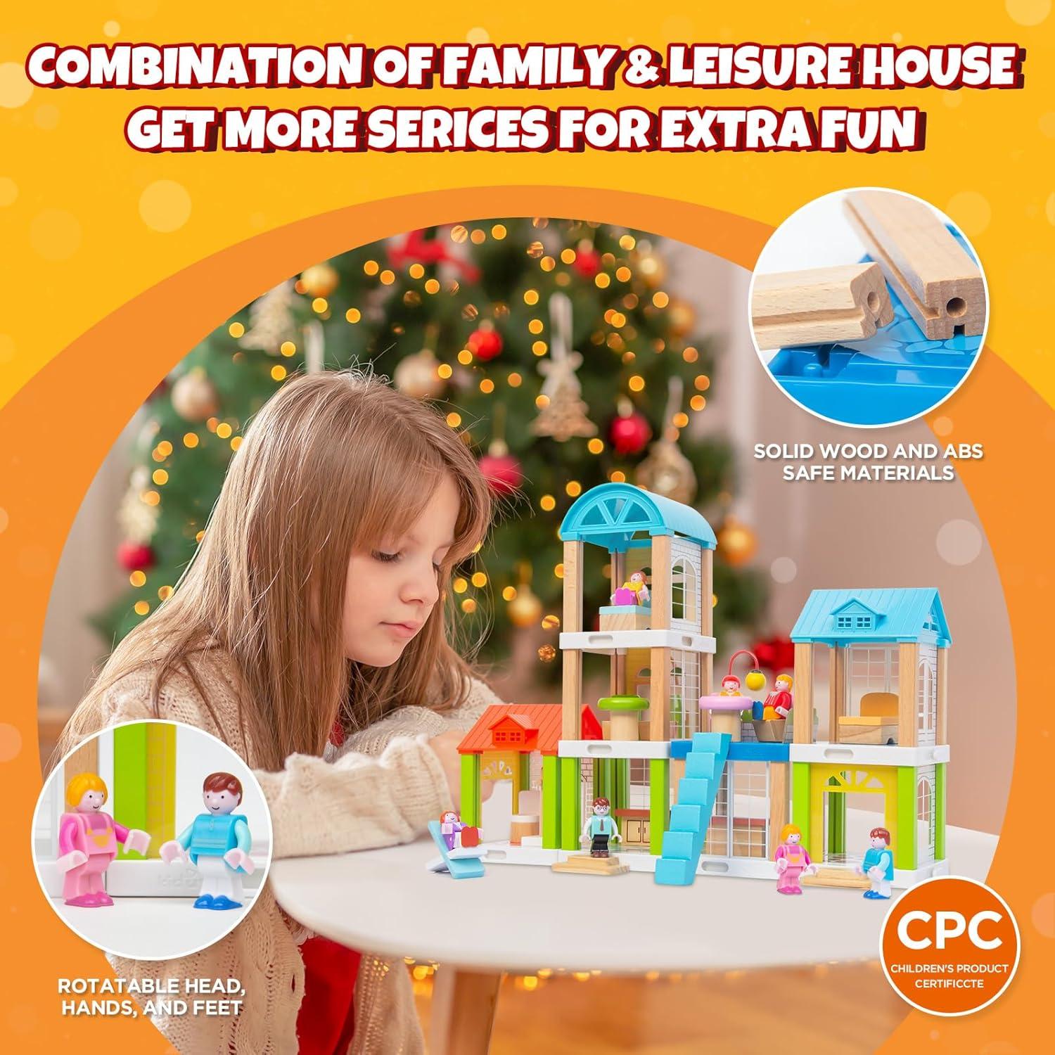 37-Piece Small Wooden Dollhouse, 3-Room DIY Doll House for Toddlers with 3 Movable Dolls, Dollhouse Furniture Accessories, Birthday Building Gift for Kids Ages 3-8 (8.15" L x 4.06" W x 9.17" H)