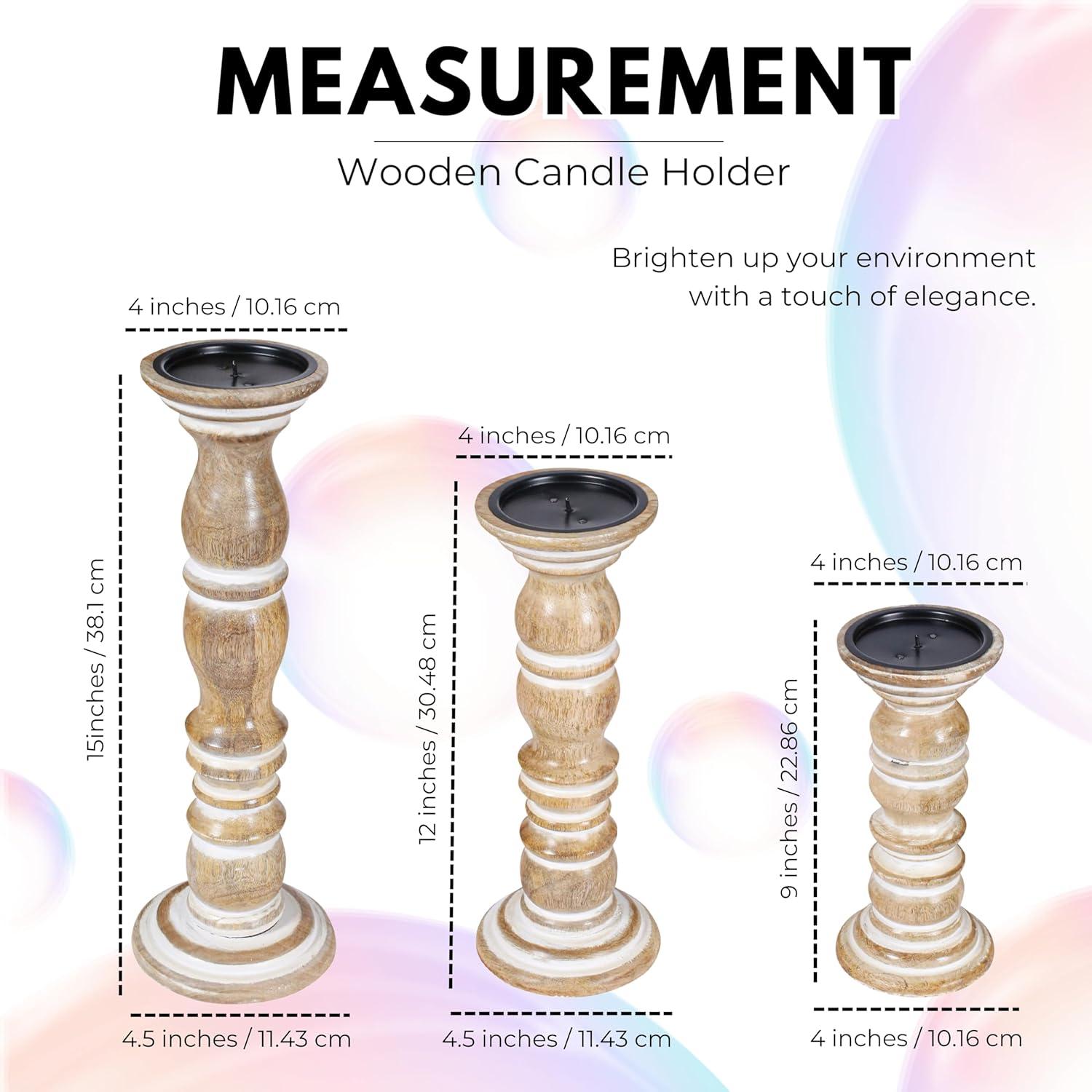DecMode Traditional and Timeless Mango Wood Pillar Candle Holder Set of 3, 6", 8", 10"H, Cream Finish