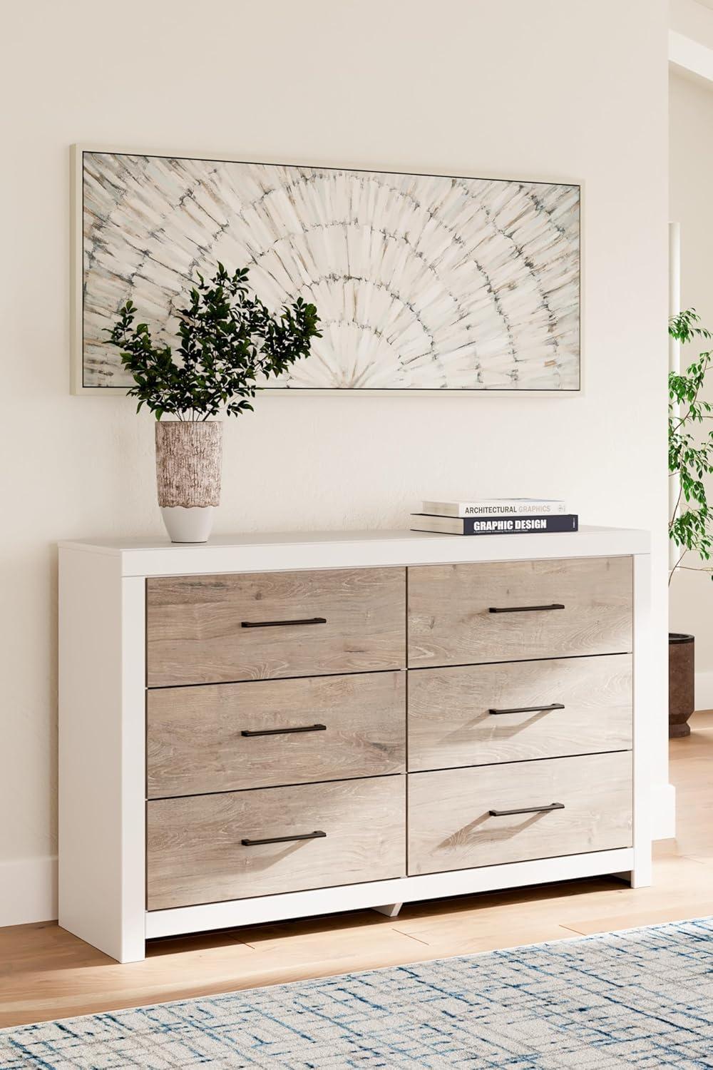 White and Light Brown Transitional 6-Drawer Dresser with Mirror