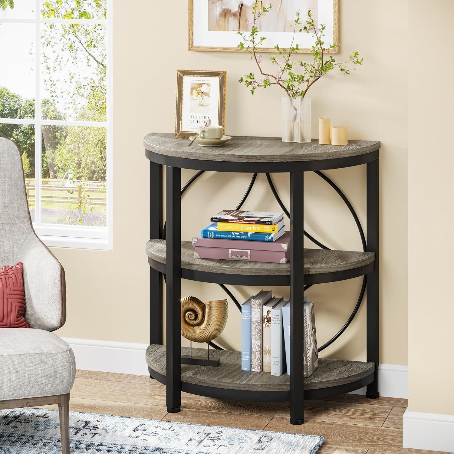 17 Stories 3-Tier Half Round End Table, Narrow Side Table with Metal Frame, Small Half Moon Accent Table for Living Room, Bedroom