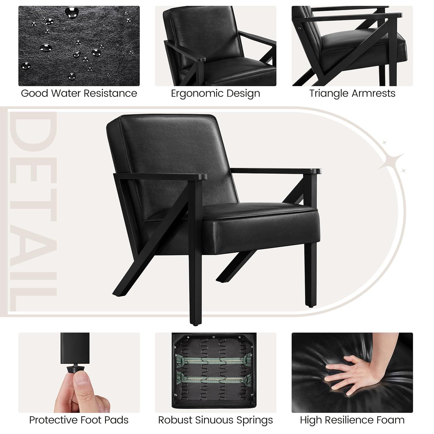 Yaheetech Faux Leather Armchair Accent Chair with Wood Legs for Living Room, Black