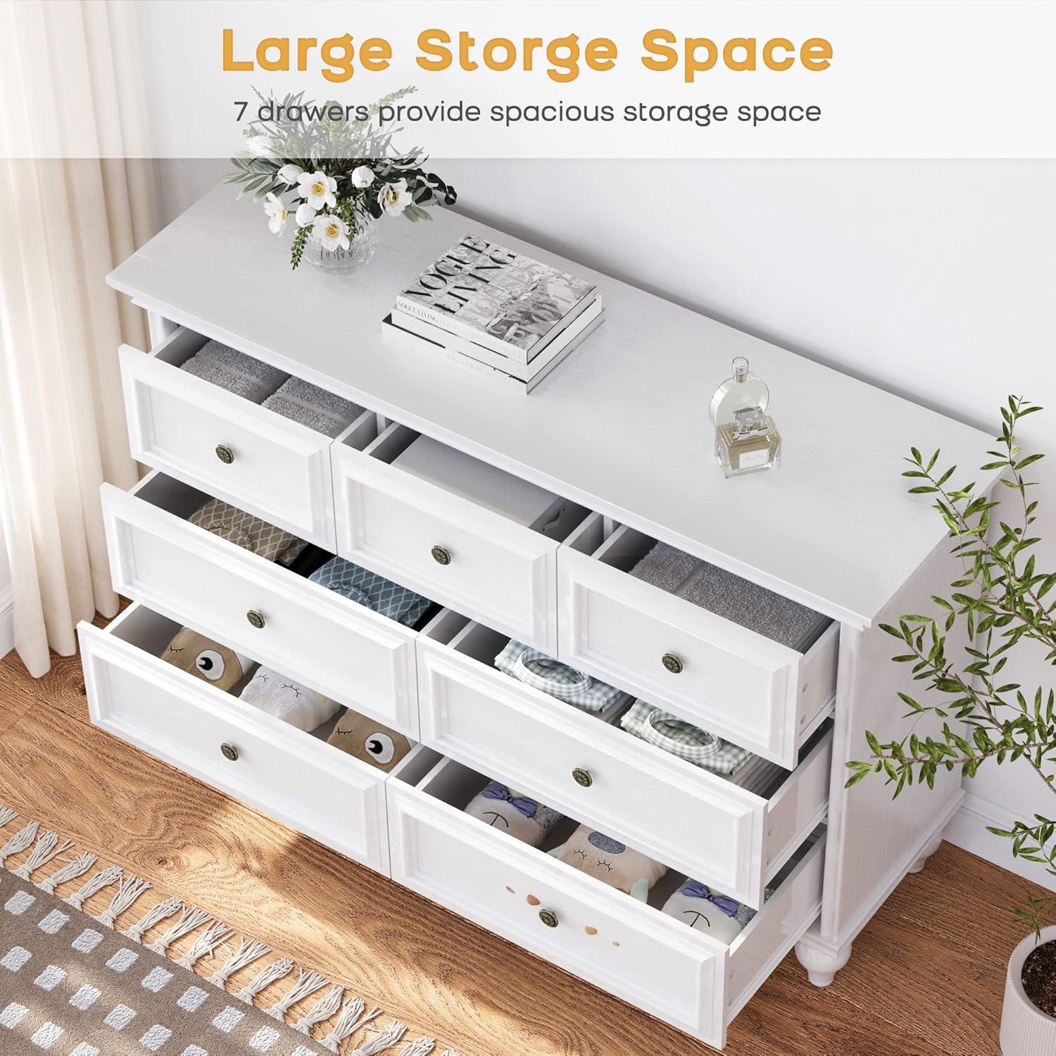 White Wood 7-Drawer Farmhouse Double Dresser