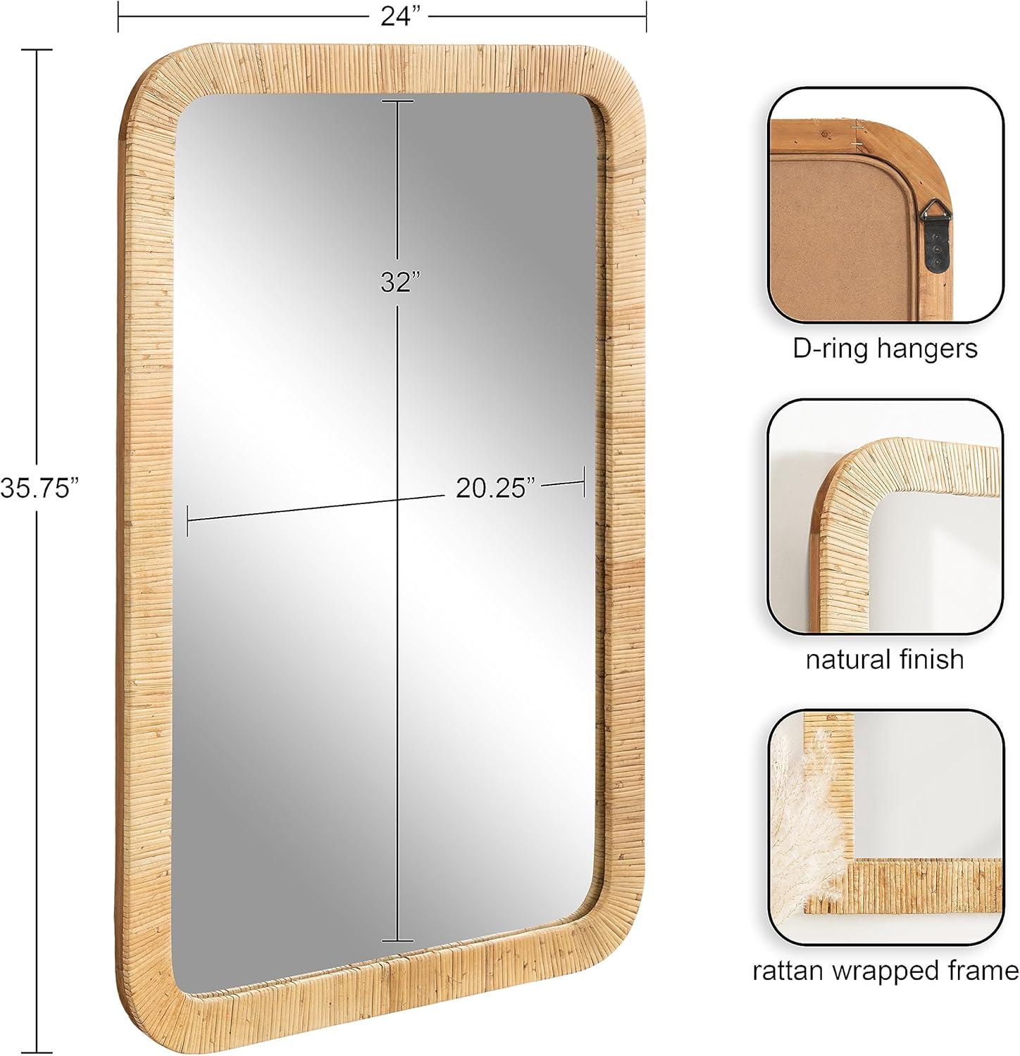 Natural Rattan Rectangular Wall Mirror with Rounded Corners