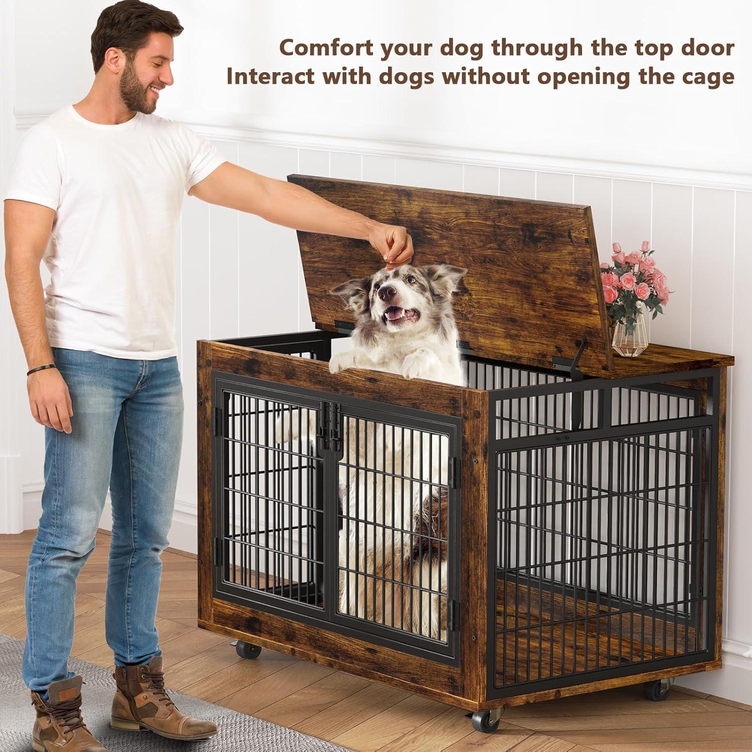 EasyCom Dog Crate Furniture, Extra Large Dog Kennel Indoor with Top-Access Teasing/Feeding Door, Spacious Dog House Moveable Furniture-Style Dog Cage with Wheels Double Doors