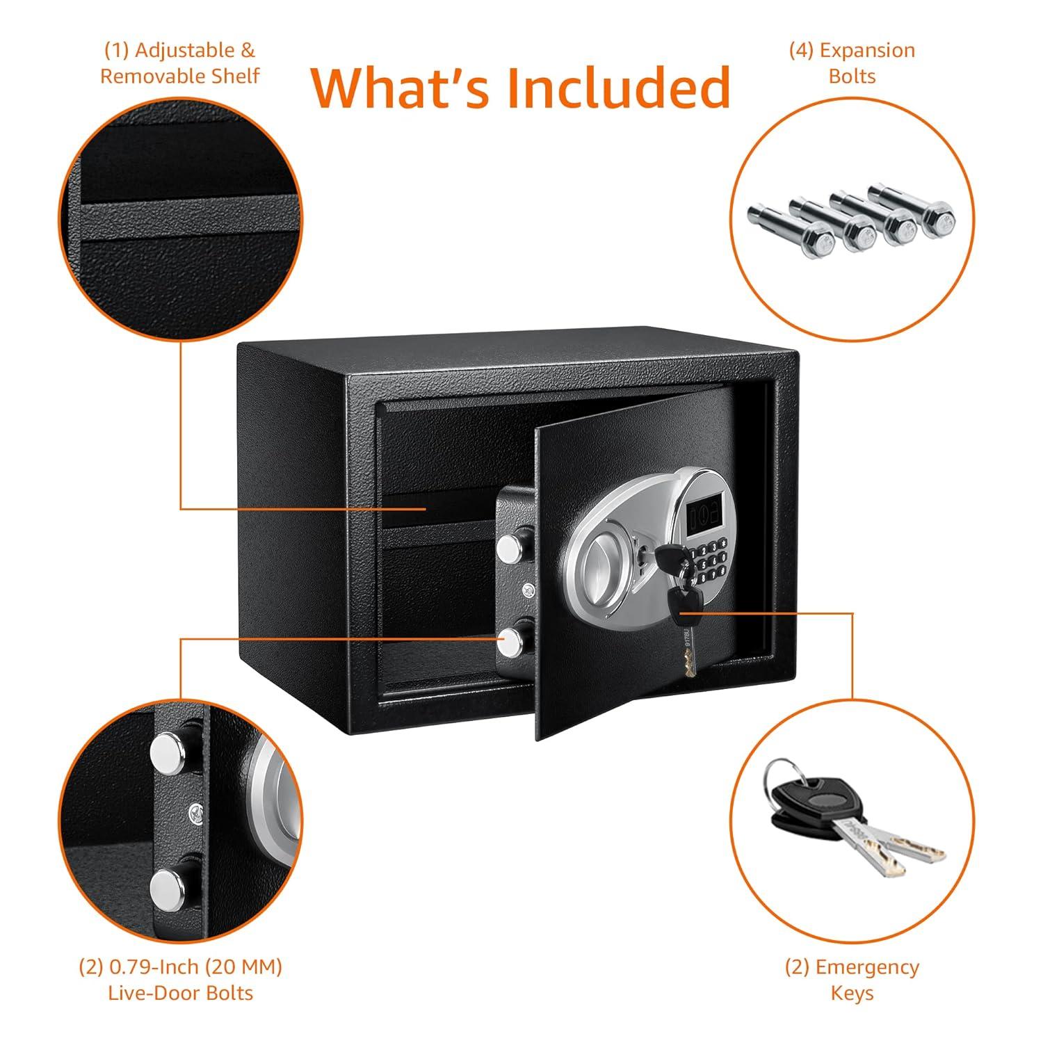 Amazon Basics Steel Security Safe and Lock Box with Electronic Keypad, for Cash, Jewelry, Documents, Black, 0.5 Cubic Feet, 13.8" W x 9.8" D x 9.8" H