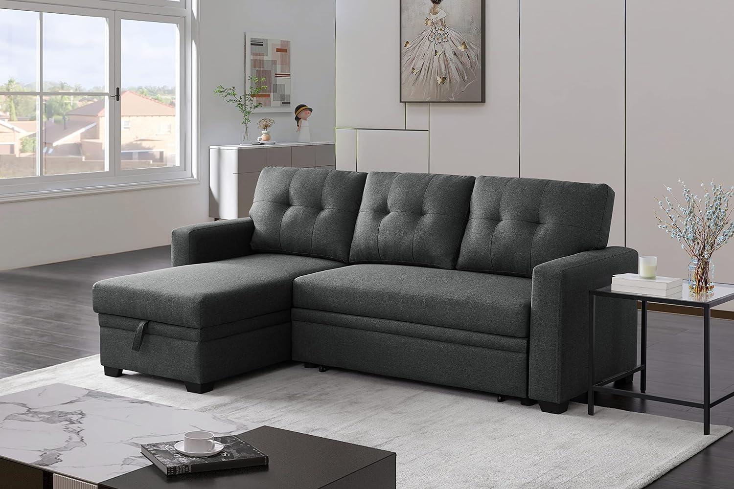 Dark Grey Linen Reversible Sectional Sofa with Storage