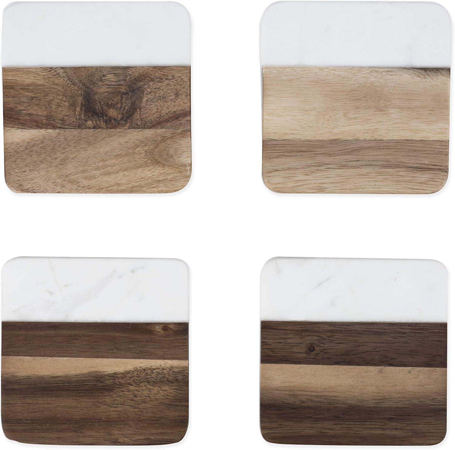 Modern Square Marble and Acacia Wood Coaster Set