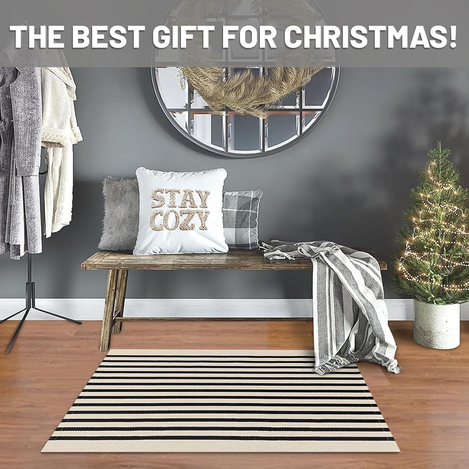 IOHOUZE Navy and White Striped Rug 2'x3' Front Door Rugs, Small Washable Area Rug for Front Porch, Spring Summer Doormats Outdoor Indoor, Cotton Rugs for Entryway Porch Entrance