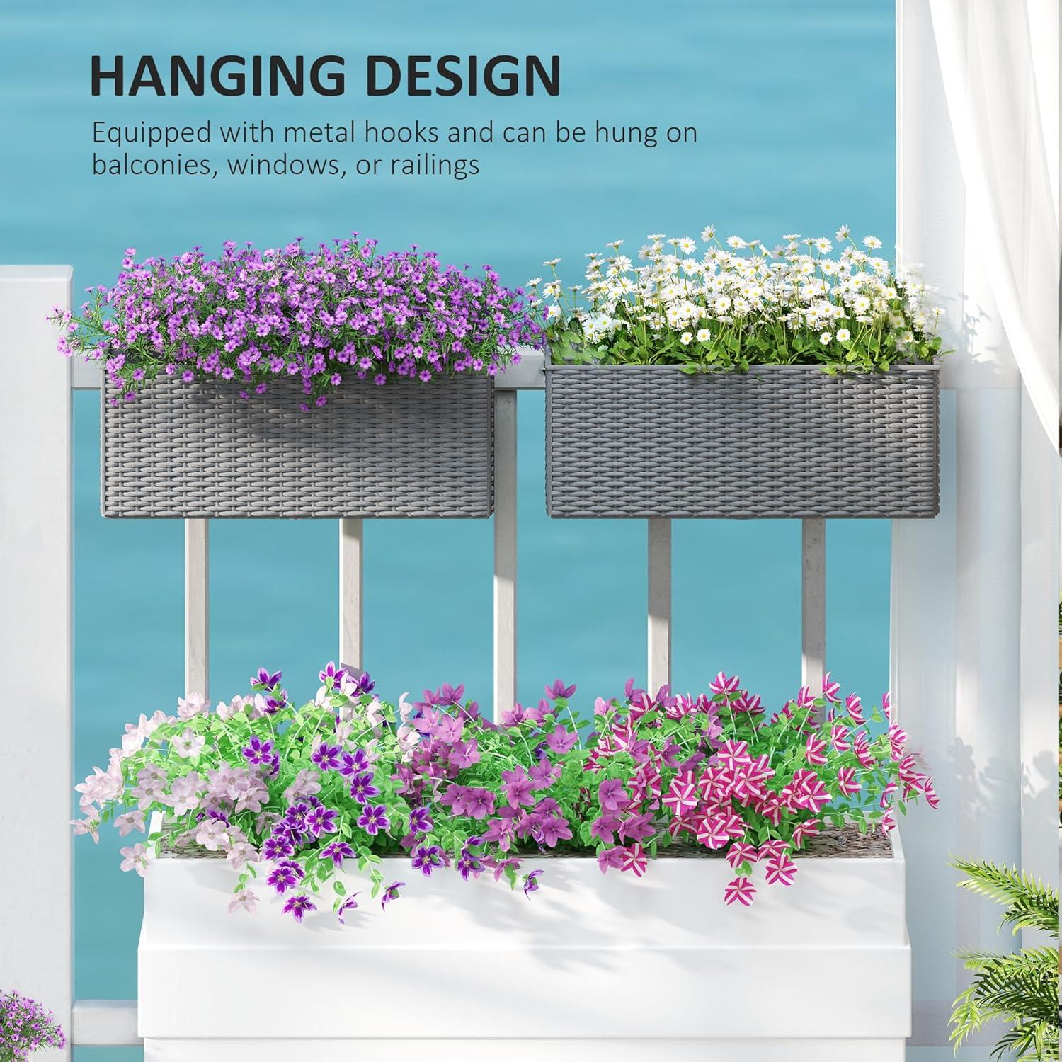 Outsunny Railing Planter Box (2 Pack, 20 Inch), Hanging Flower Pots with Hooks, Drainage Holes for Fence, Balcony, Garden, Patio, Rattan Look, Black