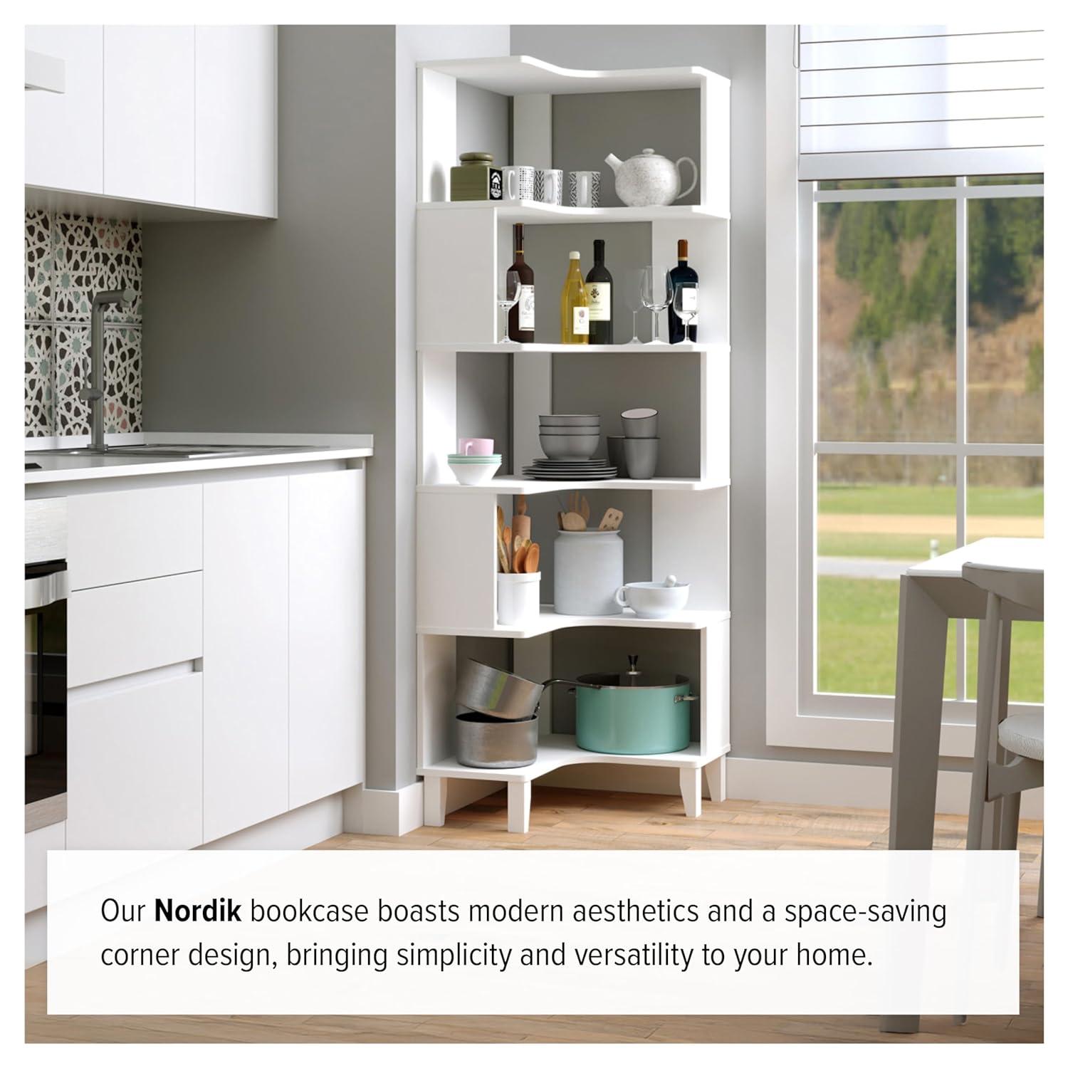 Prepac Nordik 6-Tier White Modern Mid Century Corner Bookcase, 71.5" Extra Tall White Corner Shelf with Storage, Multifunctional Freestanding Bookshelf for Home Office, Living Room, Bedroom