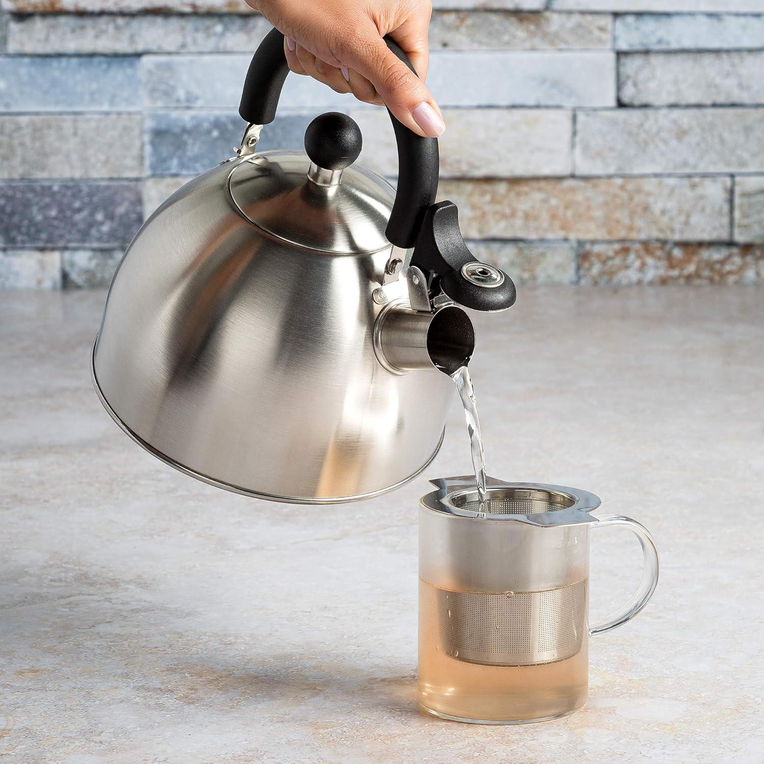 Brushed Stainless Steel Whistling Tea Kettle with Black Handle