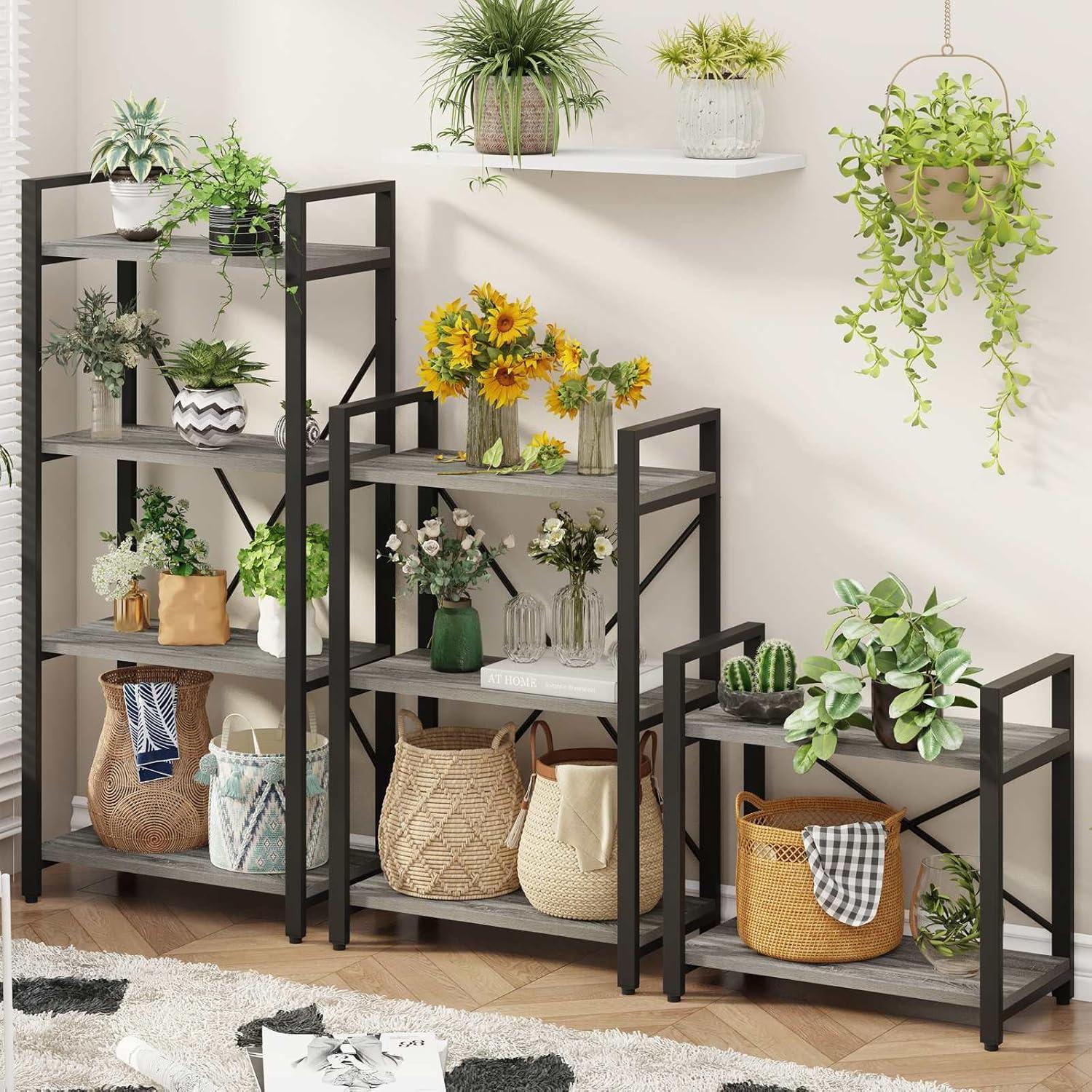 Dark Grey Oak 3-Tier Industrial Wood and Metal Bookshelf