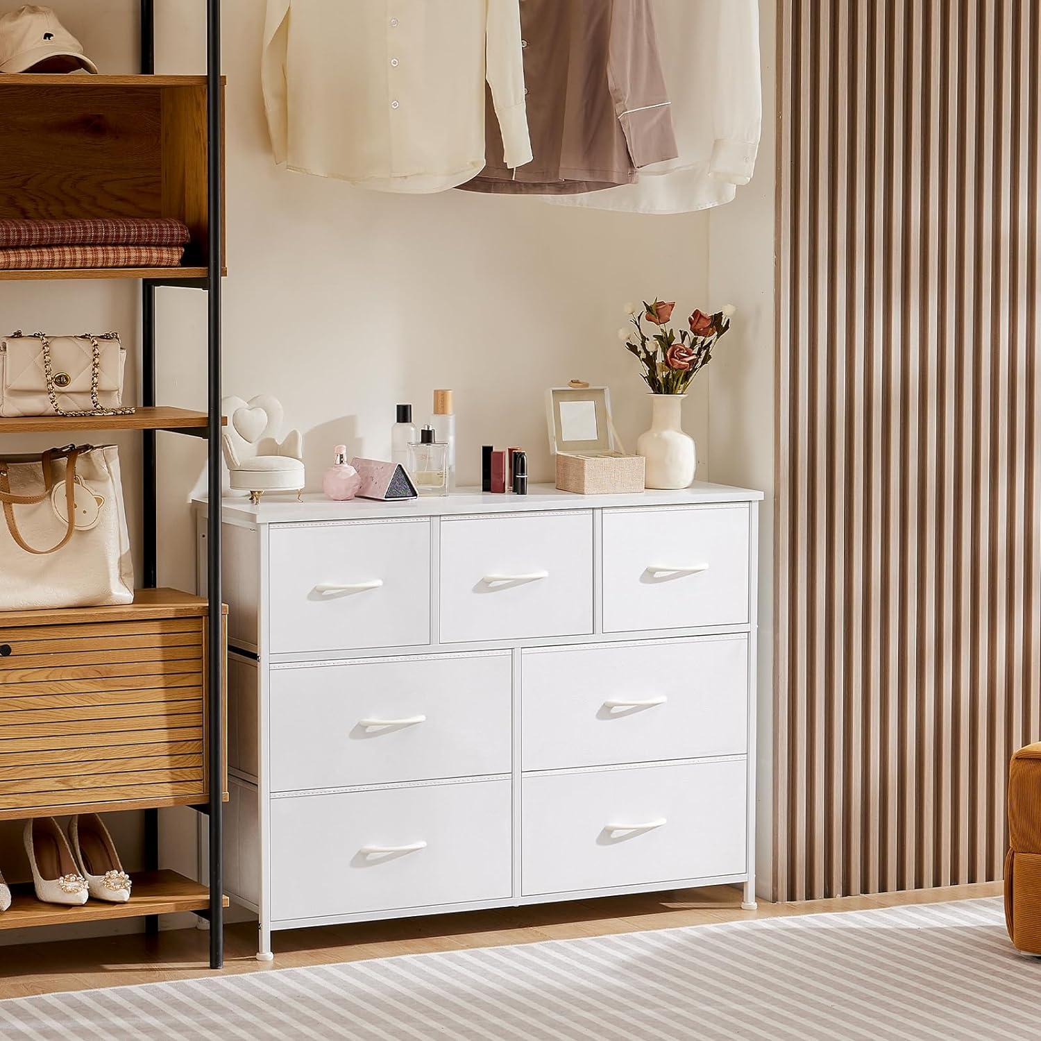 White 7-Drawer Fabric Dresser with Metal Frame