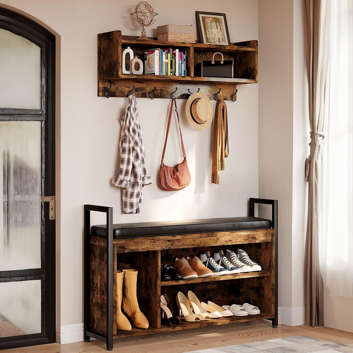 Rustic Brown Hall Tree with Bench and Storage