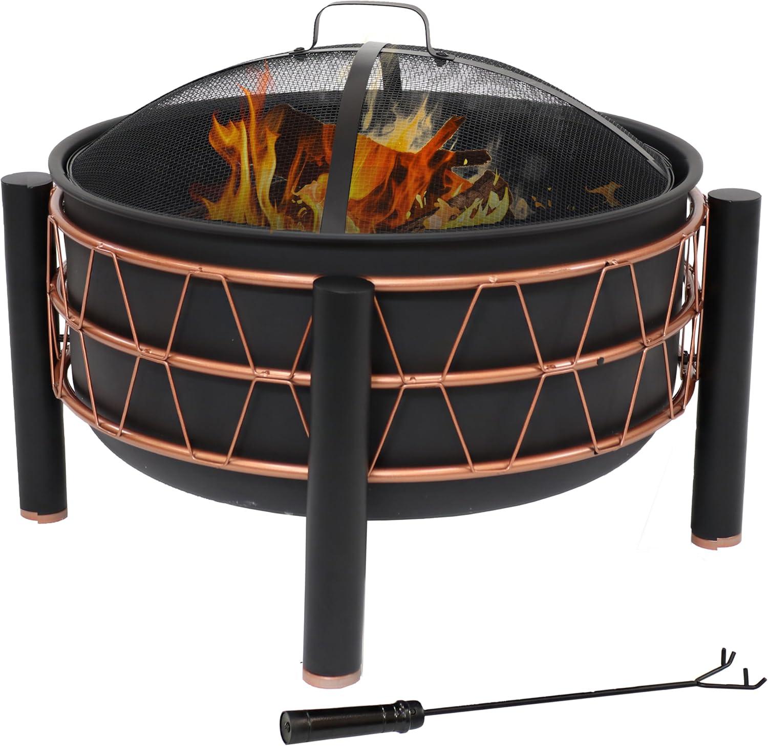 Sunnydaze Steel Fire Pit with Bronze Trapezoid Pattern and PVC Cover - 24.5" Round - Black