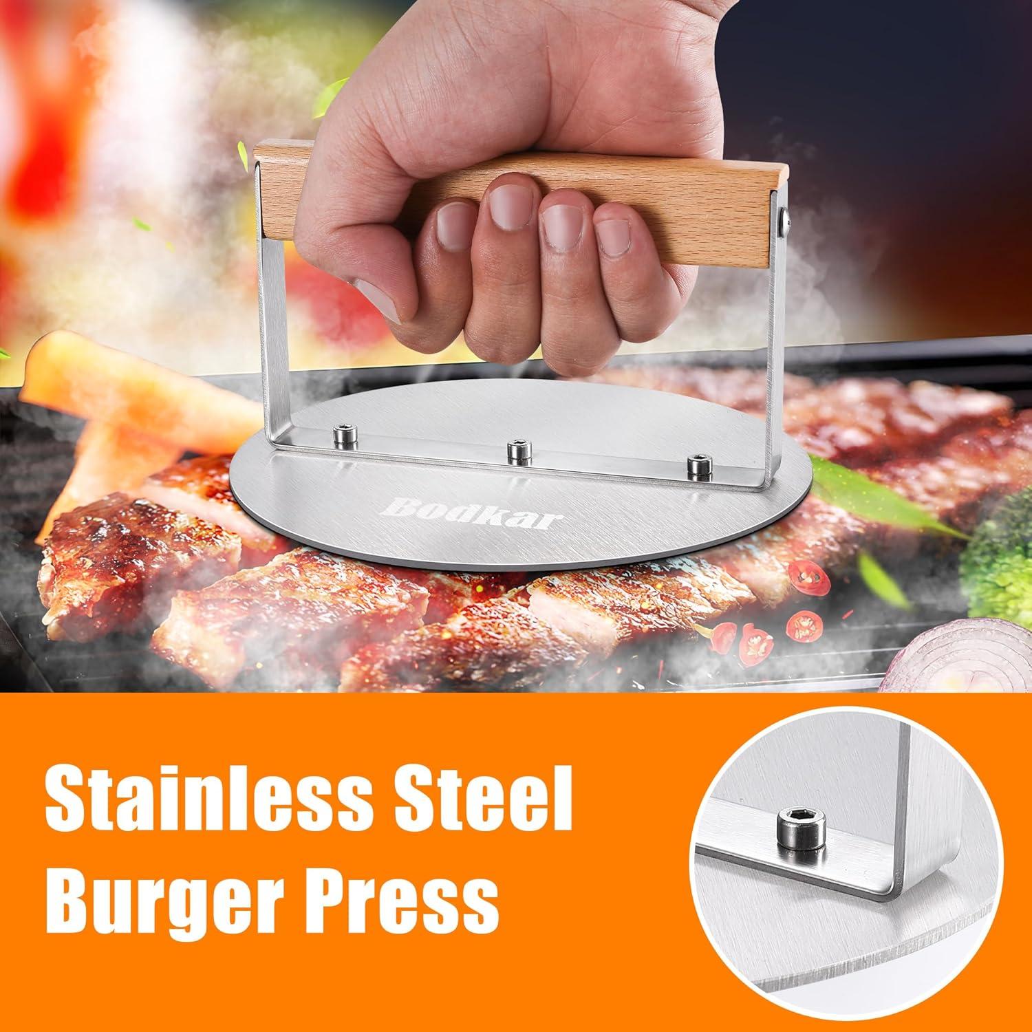 Stainless Steel Burger Press, 6 inch Round Burger Smasher Round Hamburger Press with Wood Handle, Grill Press Meat Flattener Tool for Flat Top Griddle Grill Cooking