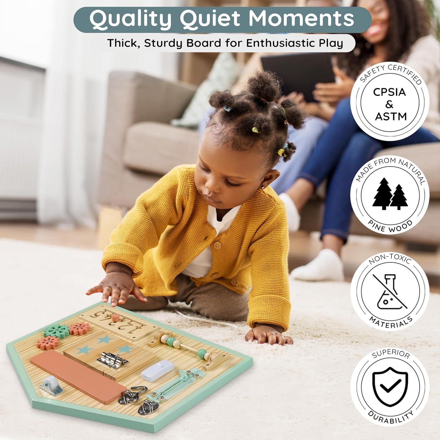 HomeSkill Wall & Travel Busy Board Panel – Can Be Personalized – Sensory Toy with 11 Activities – Solid Wooden Activity Board to Promote Early Childhood Development – Perfect for Toddler Playrooms