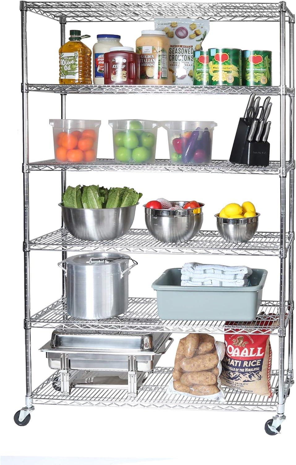 Seville Classics UltraDurable Commercial-Grade 6-Tier NSF-Certified Steel Wire Shelving with Wheels, 48" x 18", Silver